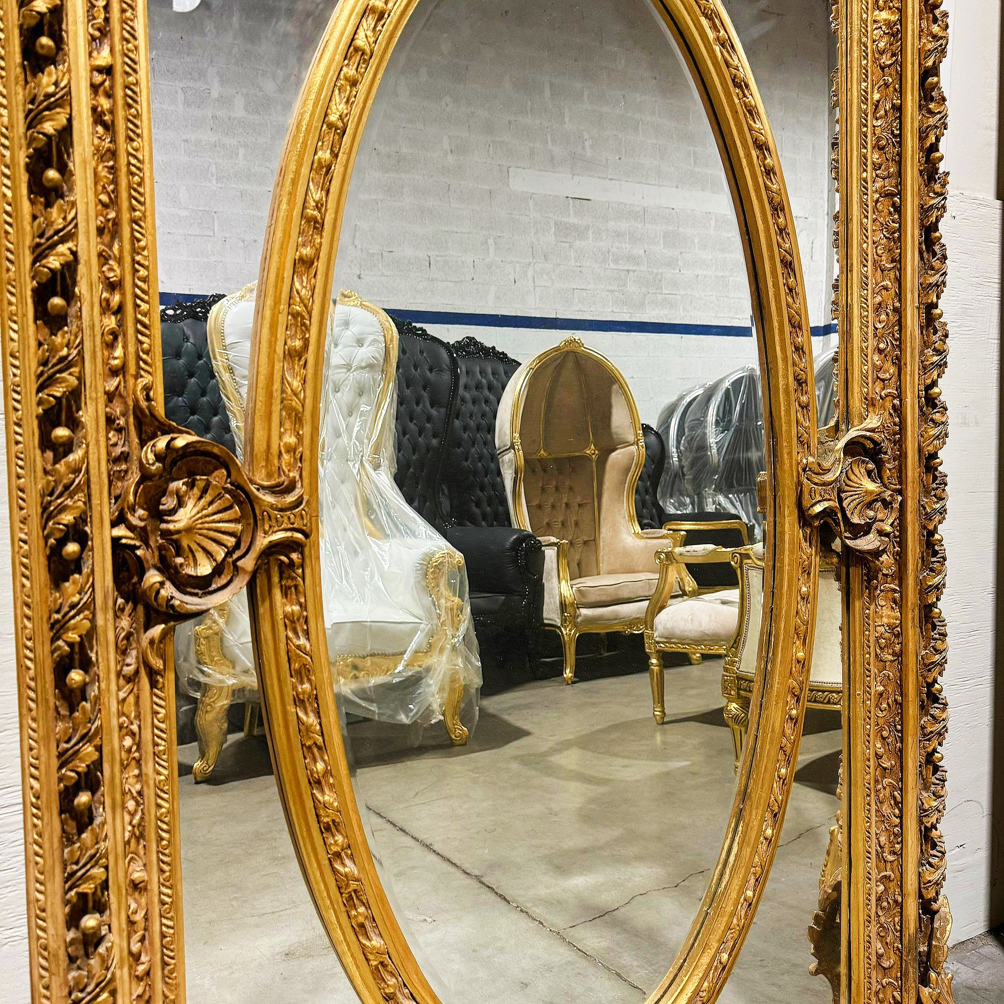 French Rococo Style Gold Floor Mirror with Angels Details