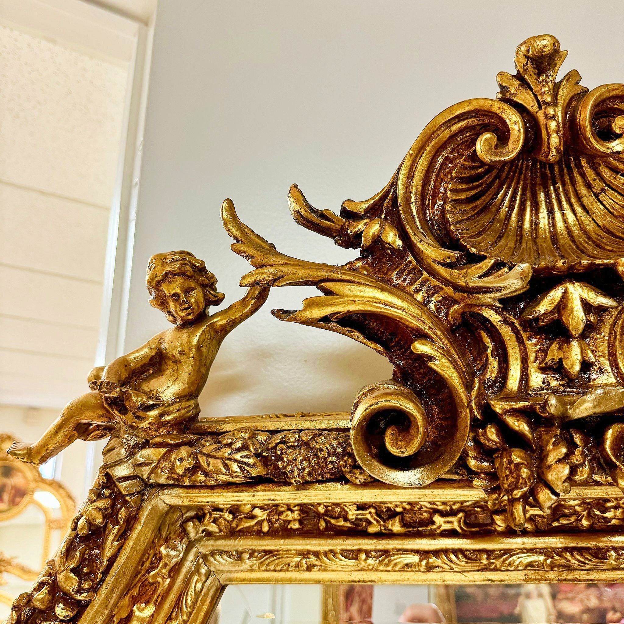 French Baroque Gold Leaf Floor Mirror Handcrafted w/ Angel Ornate Details