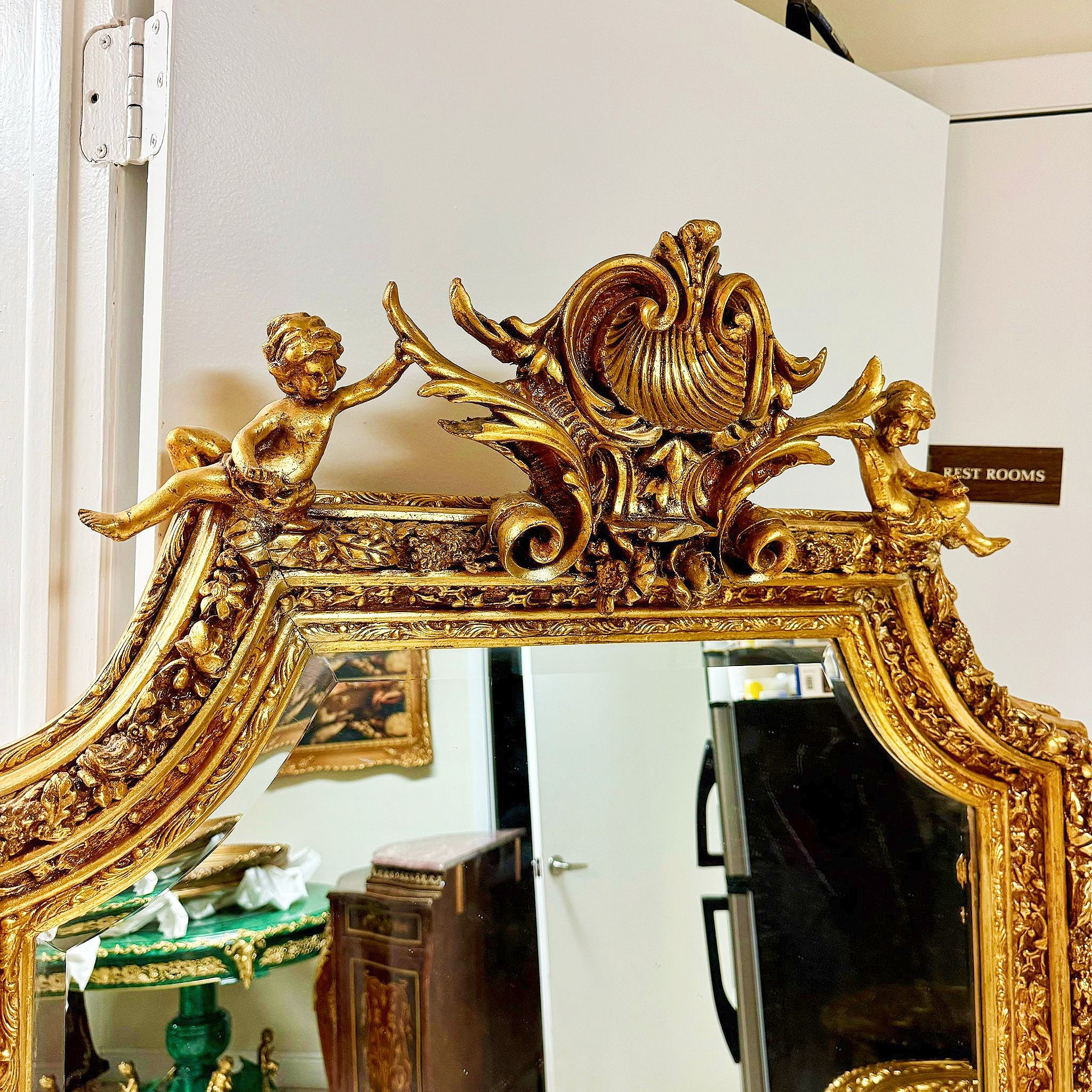 French Baroque Gold Leaf Floor Mirror Handcrafted w/ Angel Ornate Details