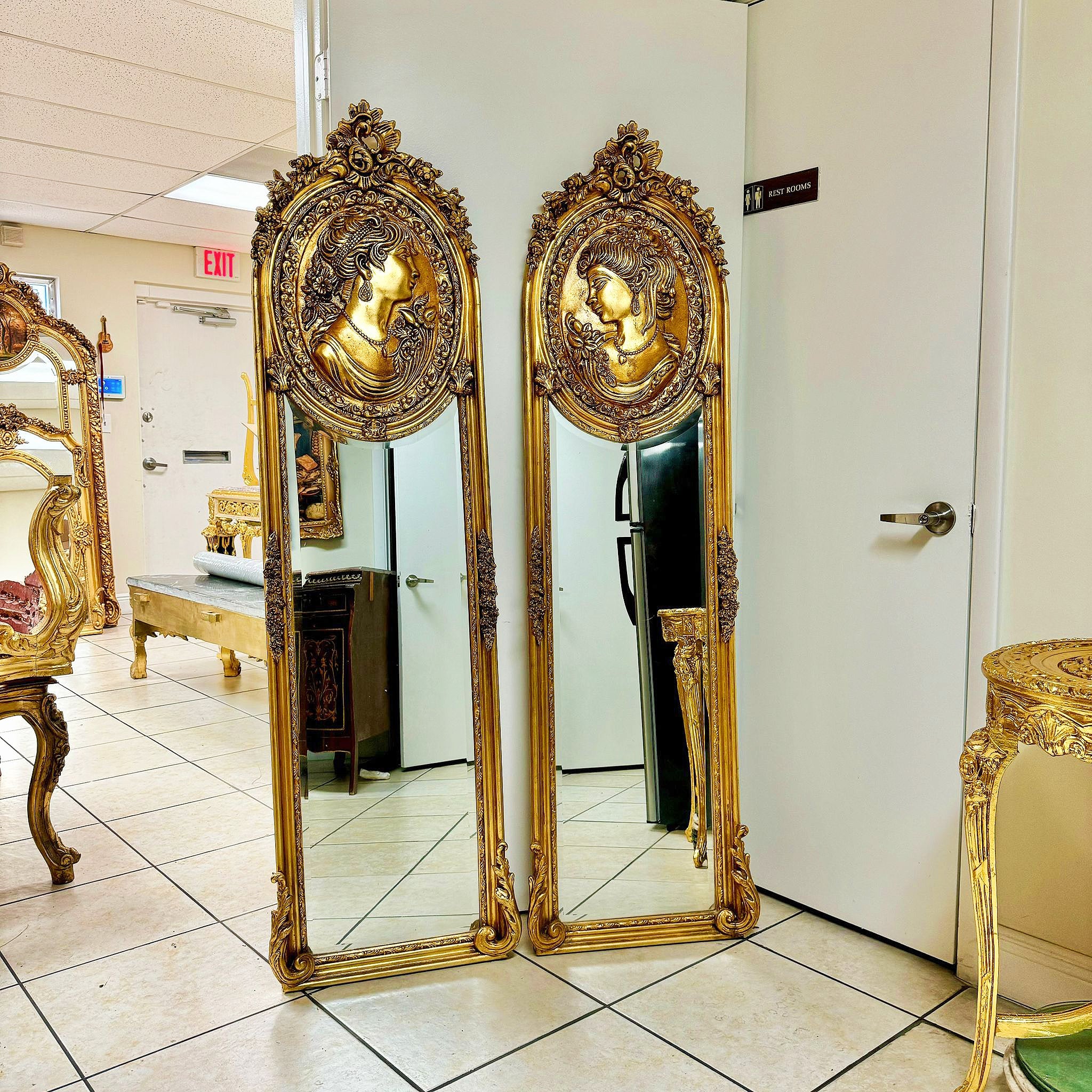 Elegant Gold Leaf Baroque Floor Mirror Set– French Style with Female Sculpture