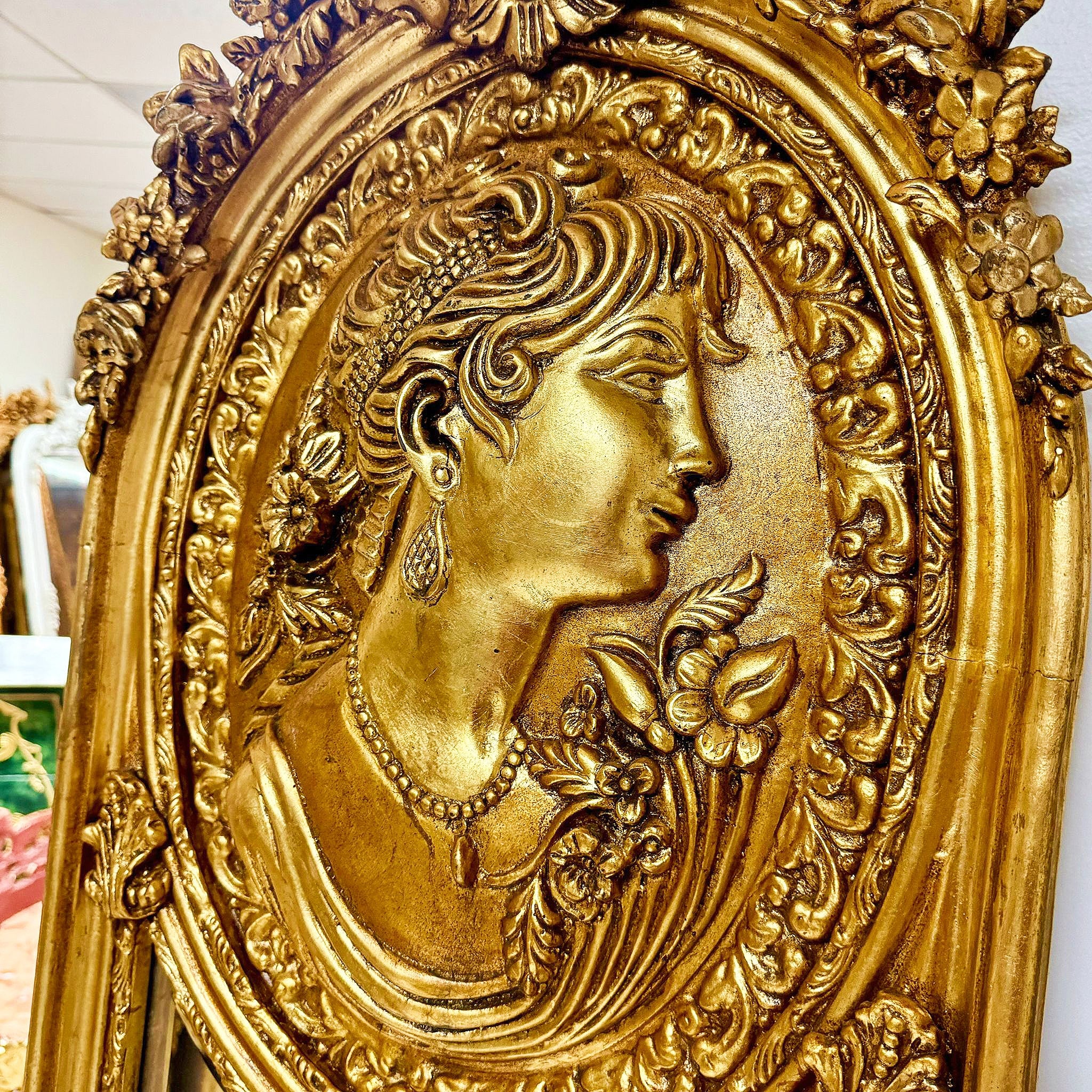 Elegant Gold Leaf Baroque Floor Mirror Set– French Style with Female Sculpture