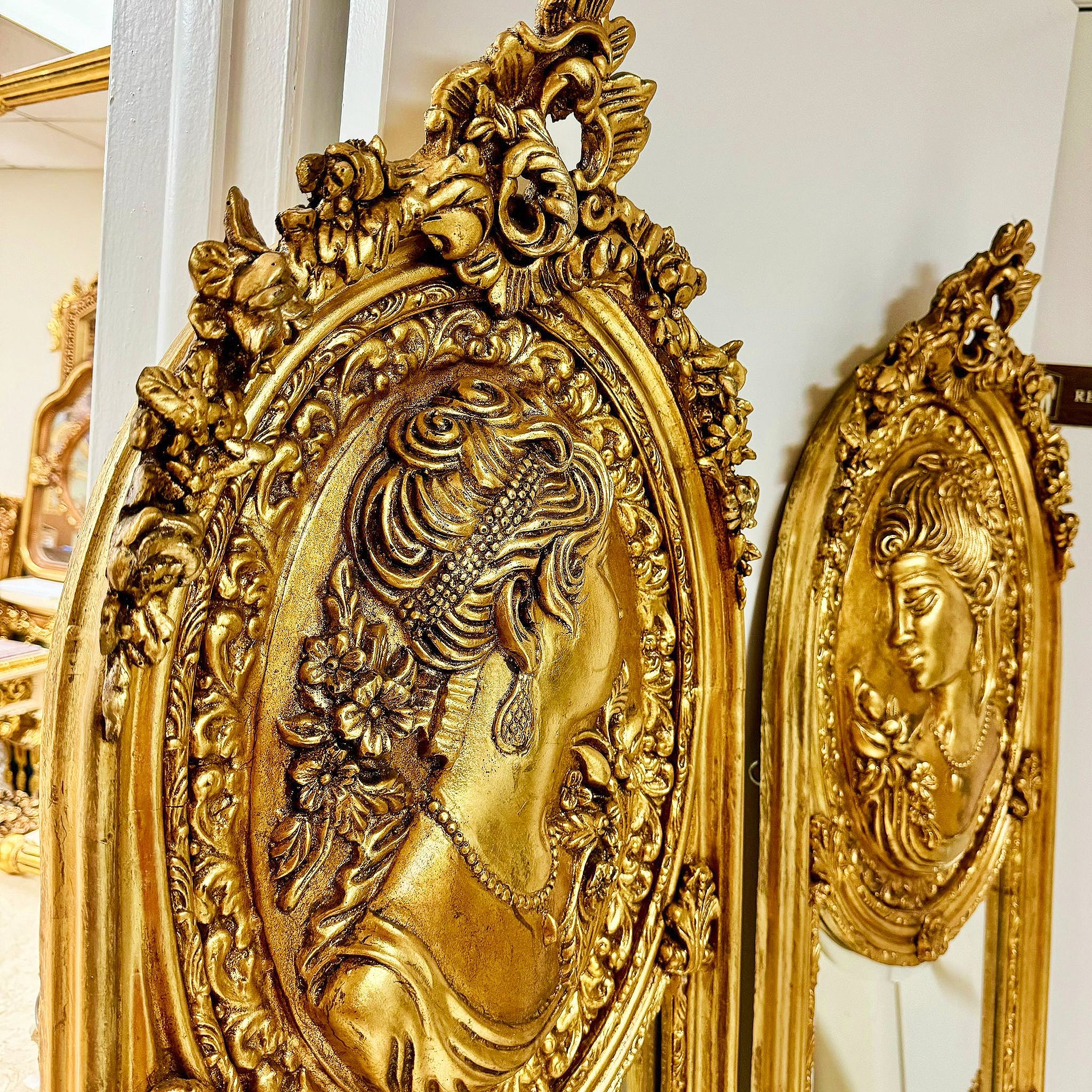 Elegant Gold Leaf Baroque Floor Mirror Set– French Style with Female Sculpture