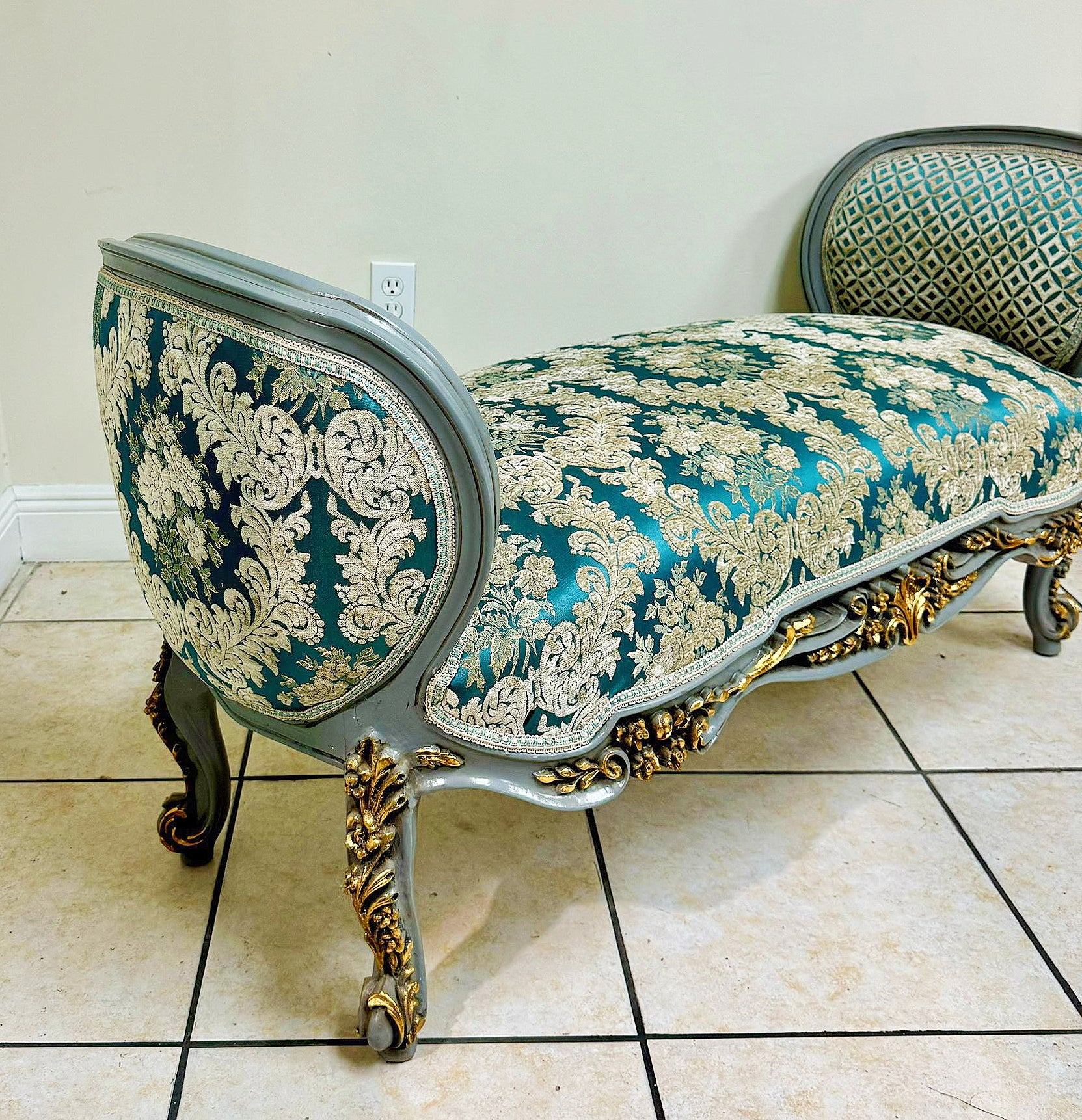 Marquis Bench French Style Blue and Gold Details Interior Design Furniture