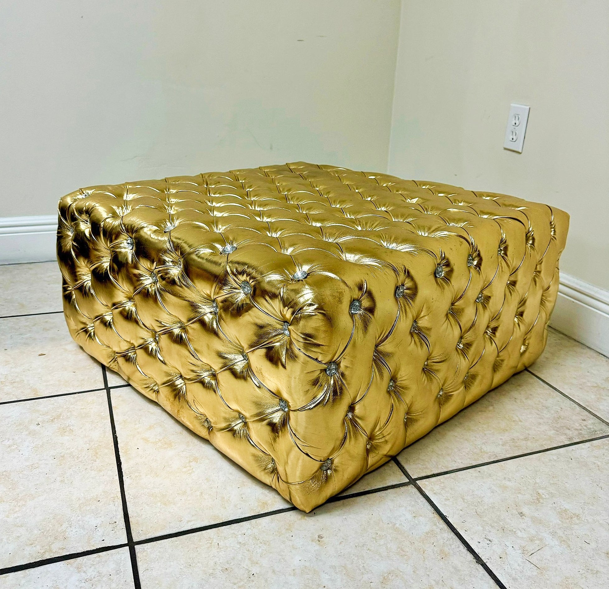 Chesterfield Footstool Gold Leather Tufted fabric Crystal Buttons