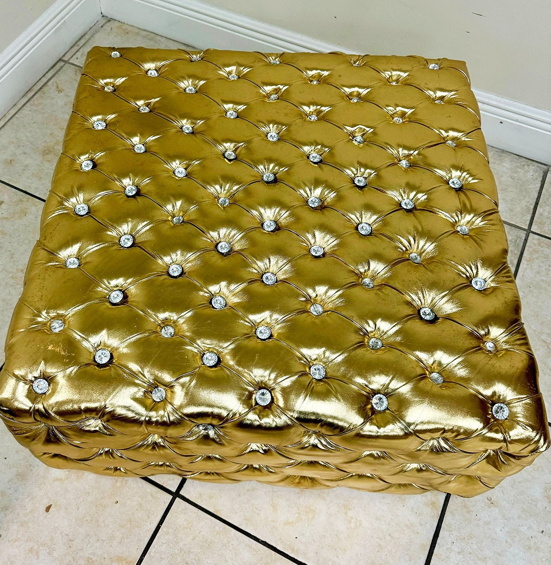 Chesterfield Footstool Gold Leather Tufted fabric Crystal Buttons