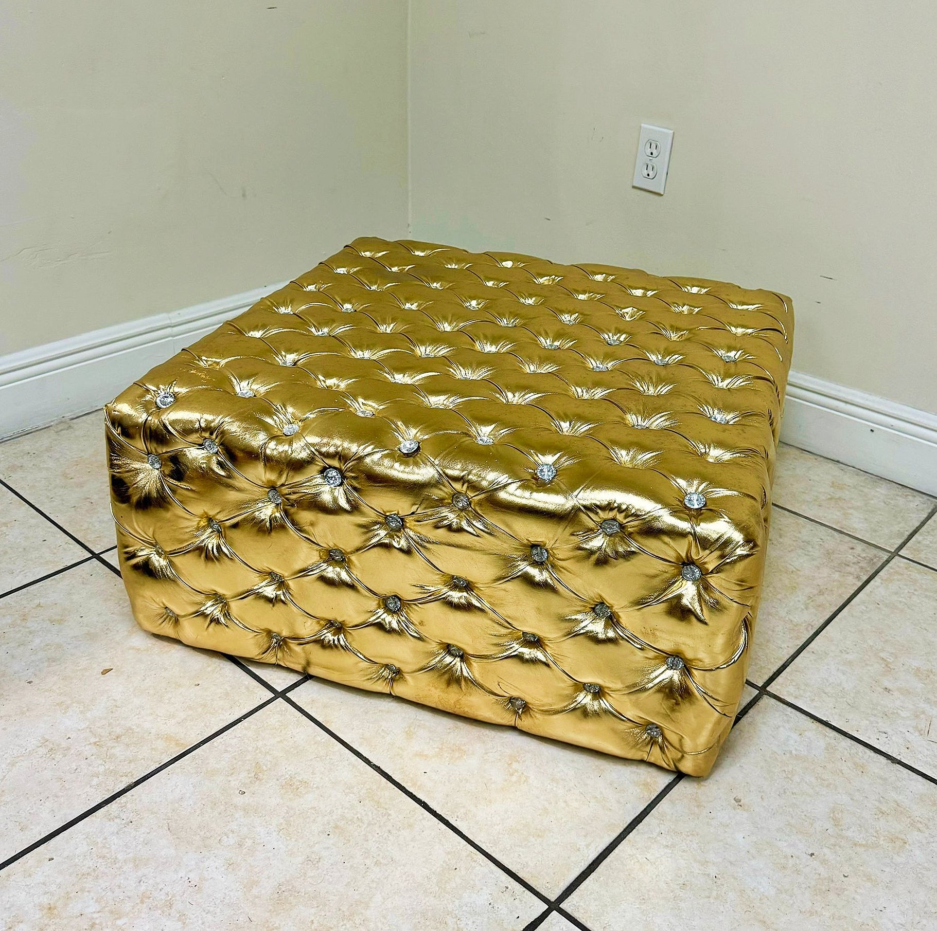 Chesterfield Footstool Gold Leather Tufted fabric Crystal Buttons