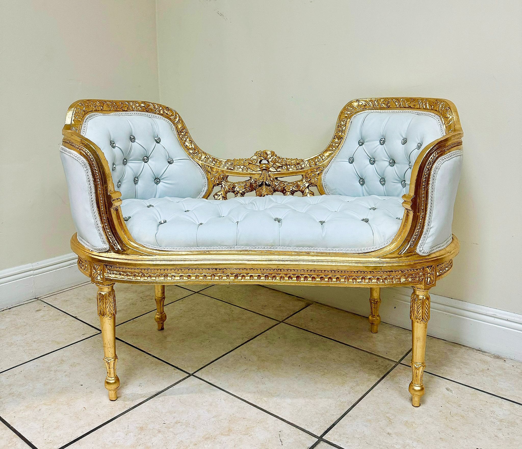 Tufted Bench White Leather French Style Gold Details Rococo Baroque Furniture