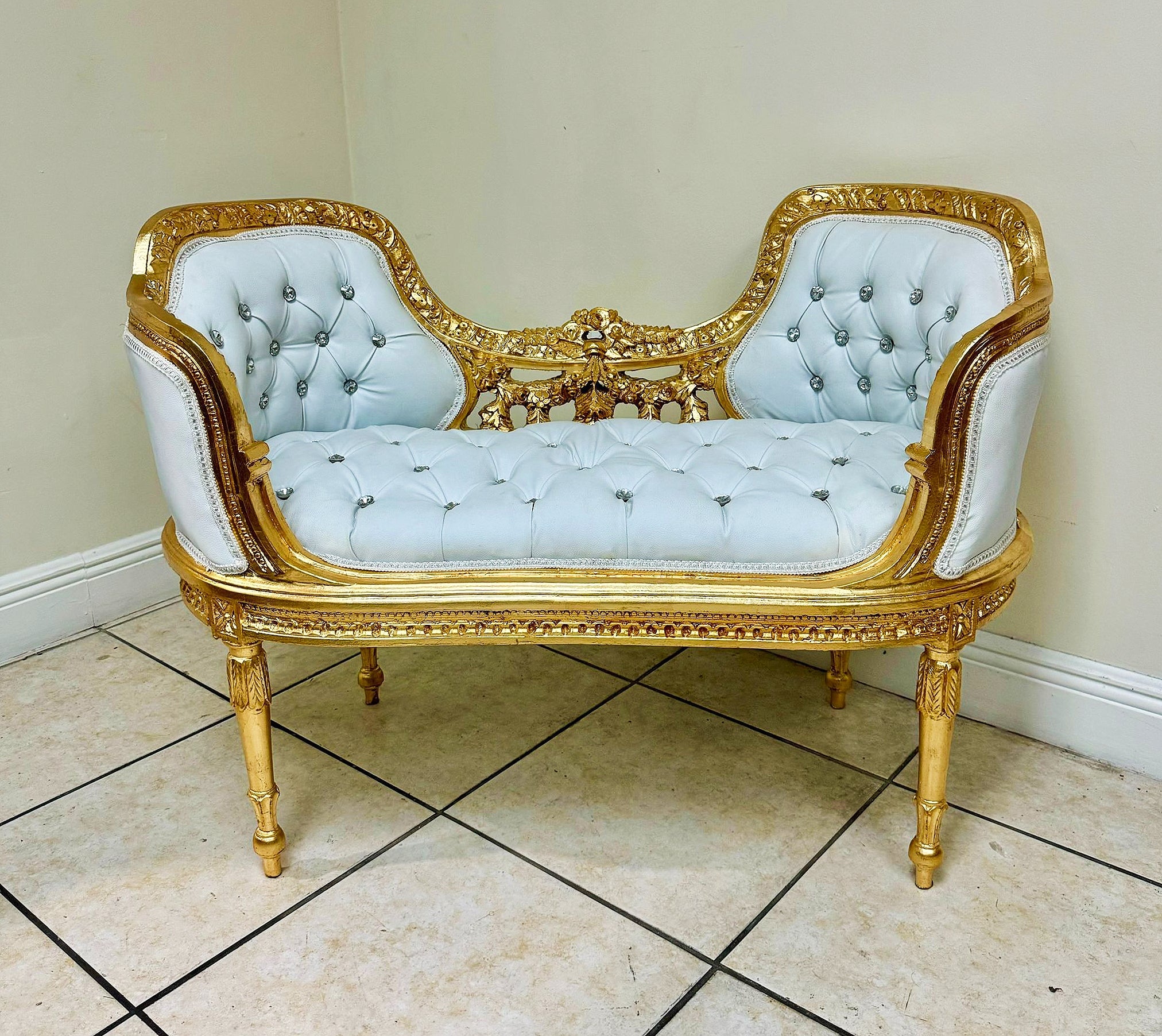 Tufted Bench White Leather French Style Gold Details Rococo Baroque Furniture