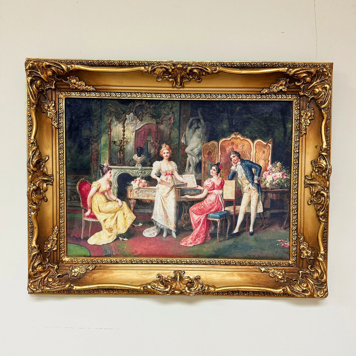 French Baroque Rococo Wall Art – Decorative Cotton Fabric Print with Ornate Gilded Frame