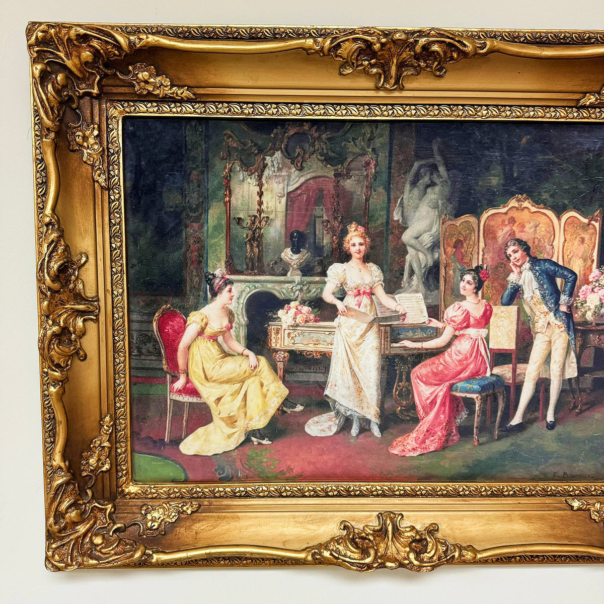 French Baroque Rococo Wall Art – Decorative Cotton Fabric Print with Ornate Gilded Frame