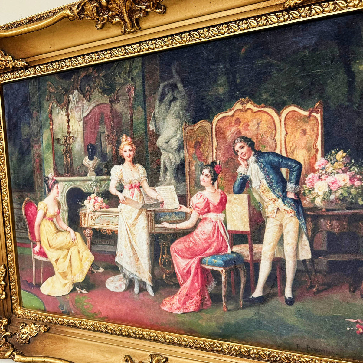 French Baroque Rococo Wall Art – Decorative Cotton Fabric Print with Ornate Gilded Frame