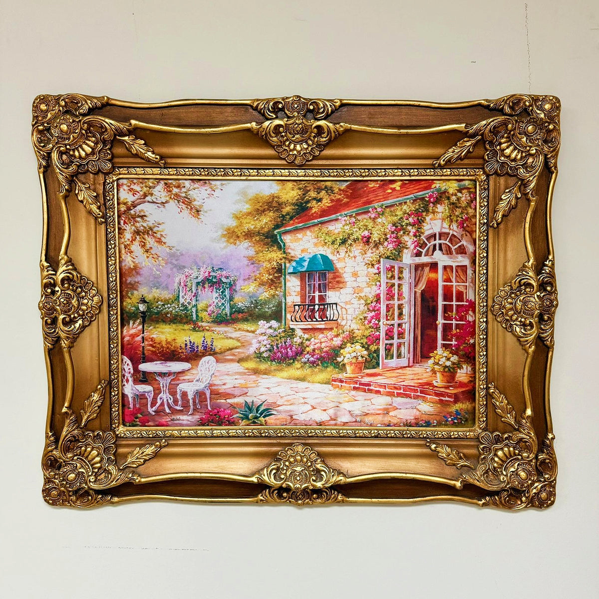 French-Style Cottage Landscape Wall Art – Colorful Garden House with Ornate Gold Leaf Frame