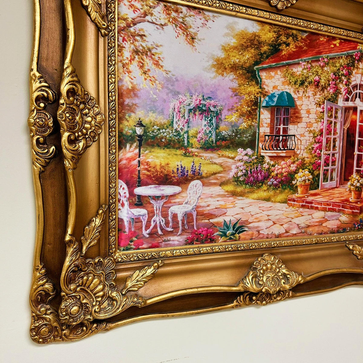 French-Style Cottage Landscape Wall Art – Colorful Garden House with Ornate Gold Leaf Frame