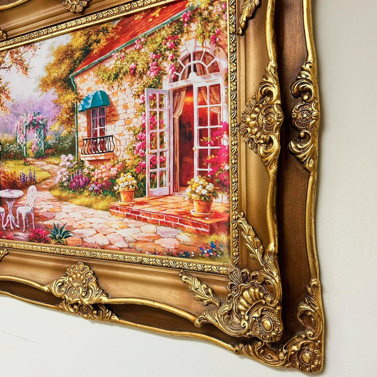 French-Style Cottage Landscape Wall Art – Colorful Garden House with Ornate Gold Leaf Frame