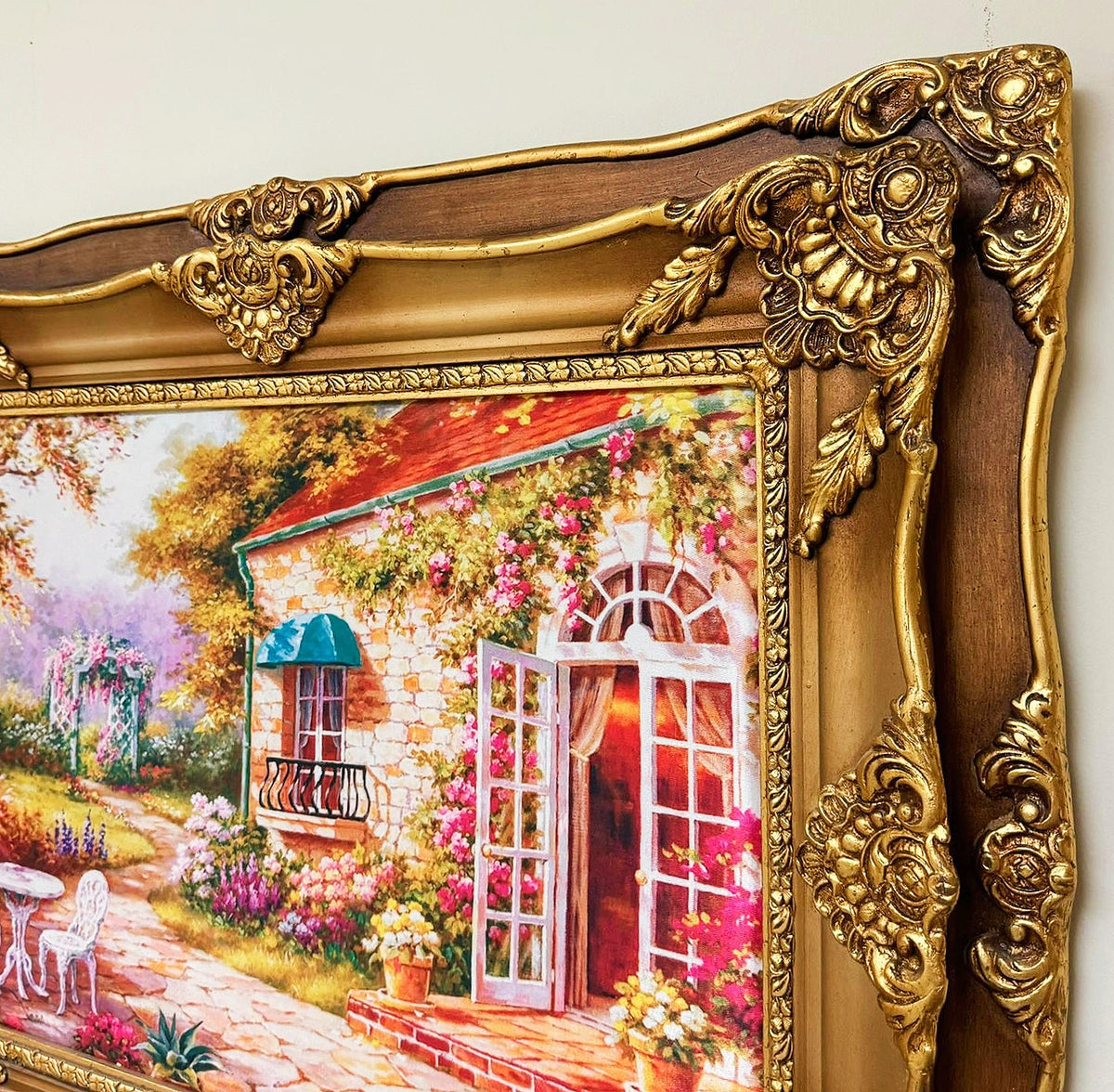 French-Style Cottage Landscape Wall Art – Colorful Garden House with Ornate Gold Leaf Frame