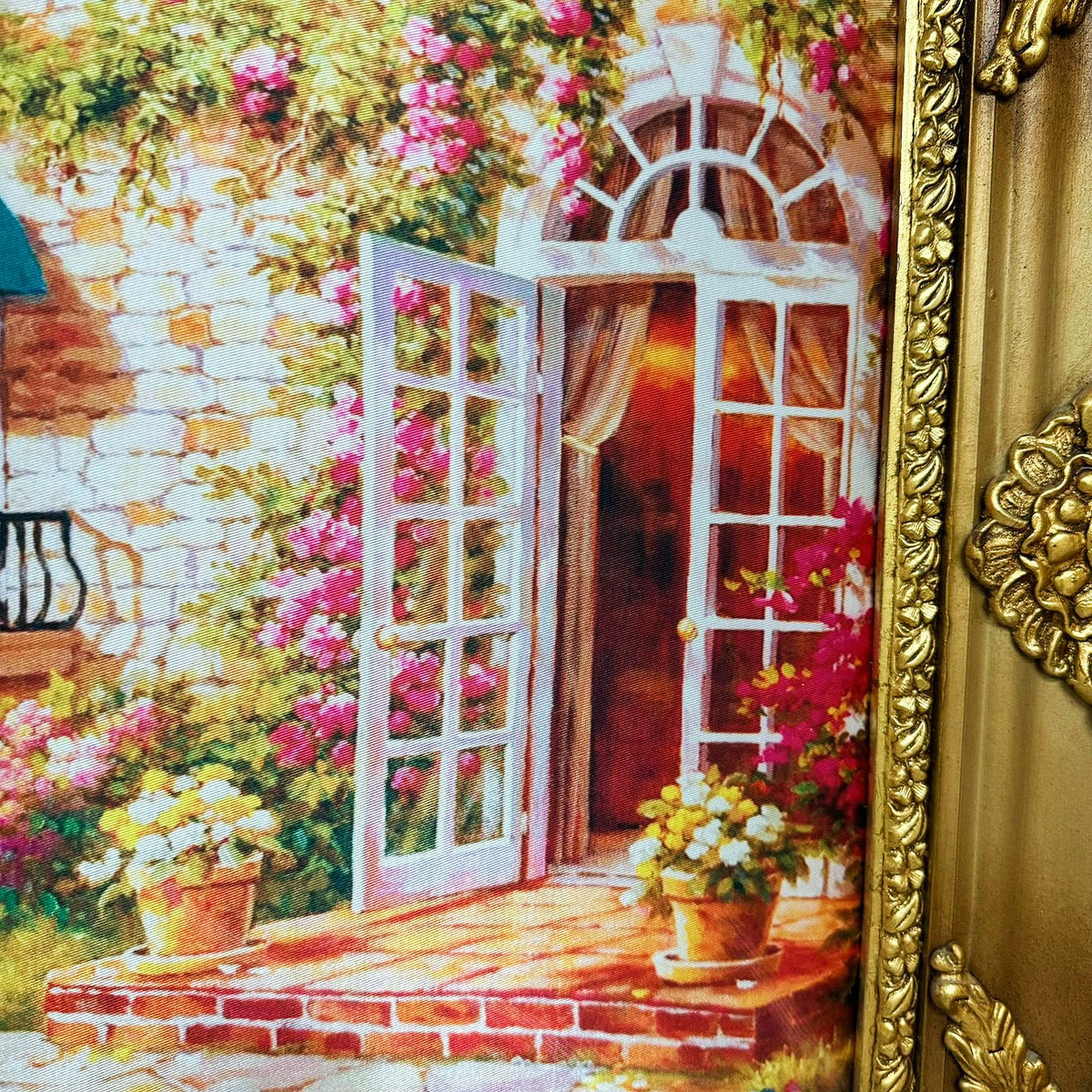 French-Style Cottage Landscape Wall Art – Colorful Garden House with Ornate Gold Leaf Frame