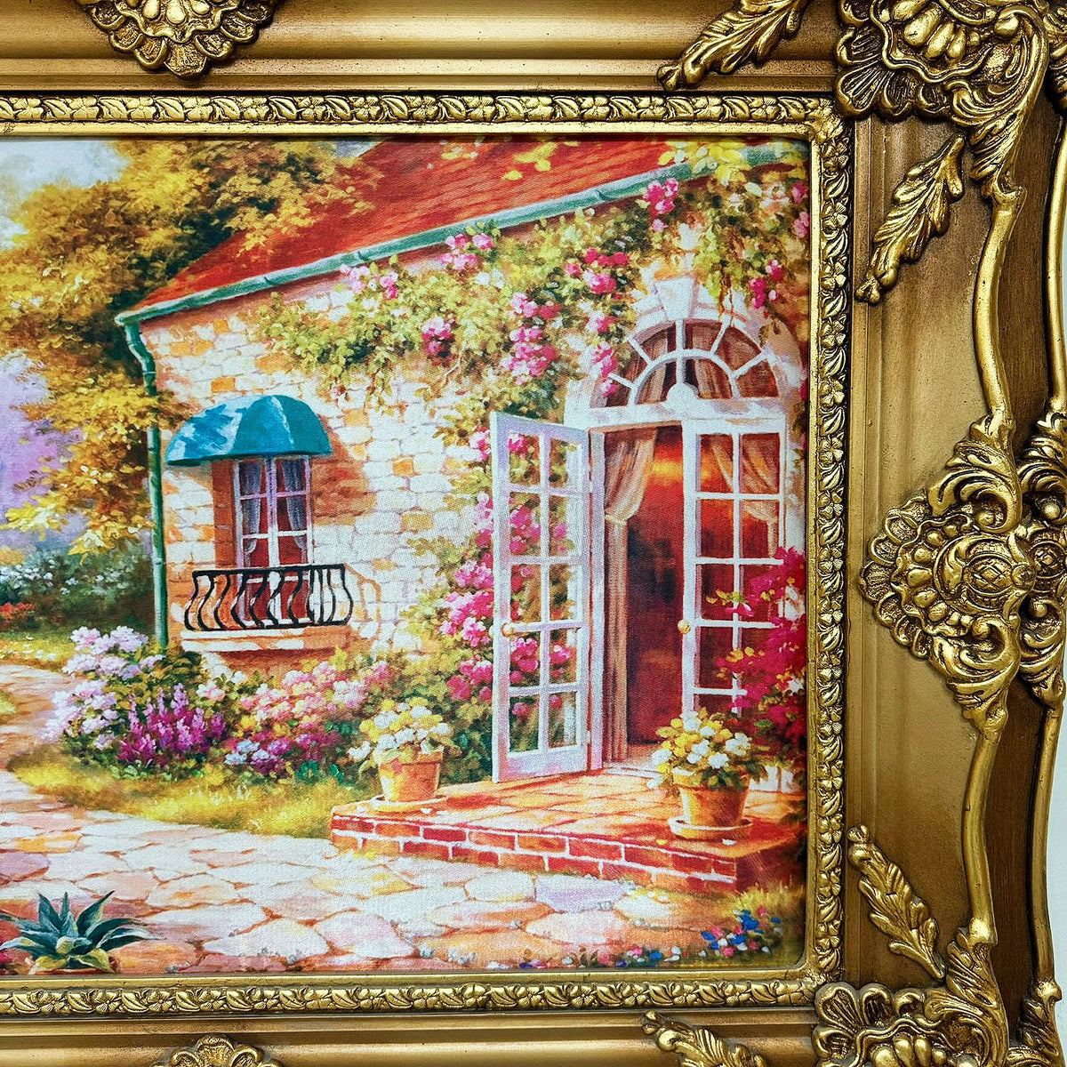 French-Style Cottage Landscape Wall Art – Colorful Garden House with Ornate Gold Leaf Frame