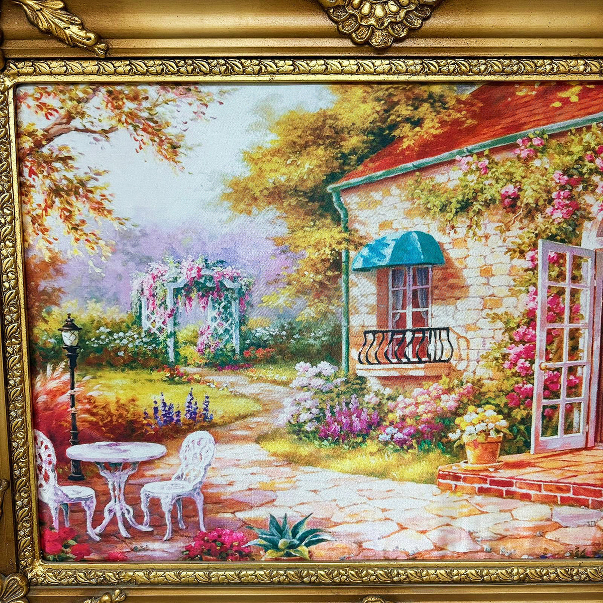 French-Style Cottage Landscape Wall Art – Colorful Garden House with Ornate Gold Leaf Frame