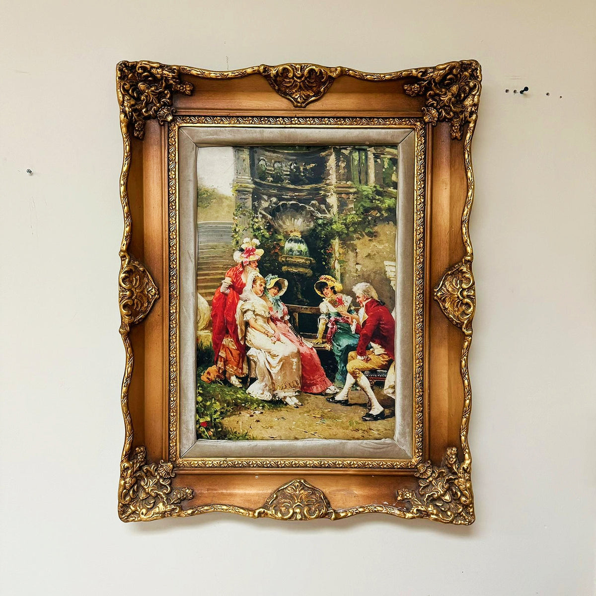 French Rococo-Style Courtyard Scene Wall Art – Ornate Sculpted Wood Frame with Gold Leaf Details