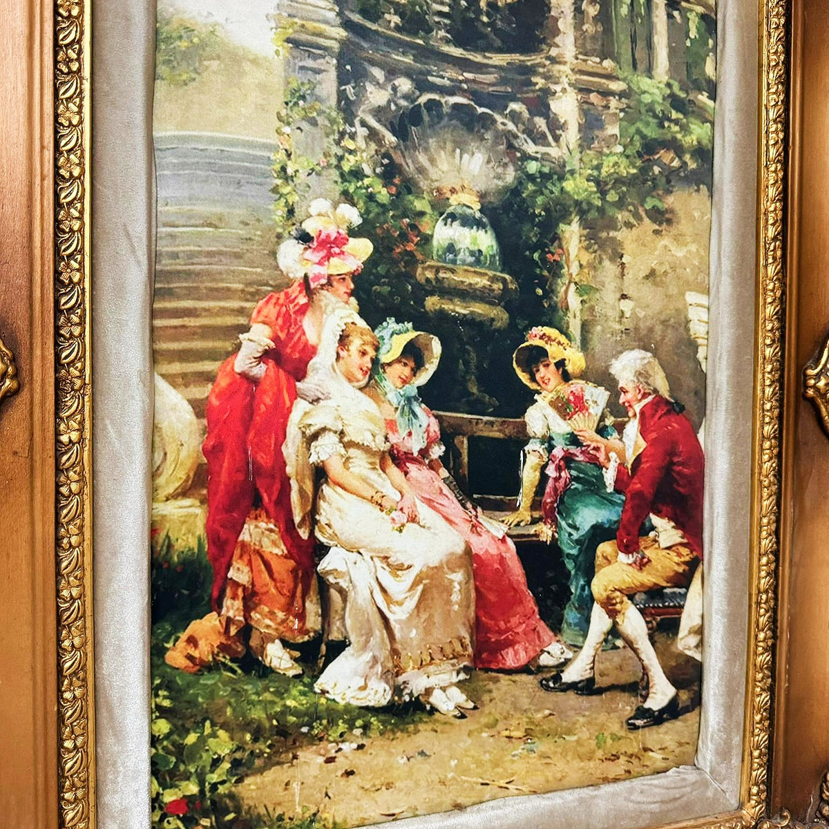 French Rococo-Style Courtyard Scene Wall Art – Ornate Sculpted Wood Frame with Gold Leaf Details