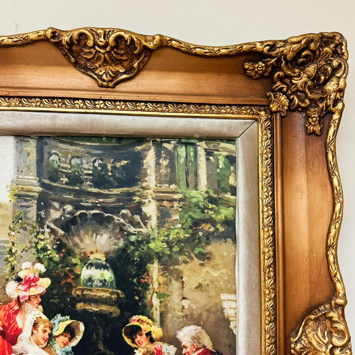 French Rococo-Style Courtyard Scene Wall Art – Ornate Sculpted Wood Frame with Gold Leaf Details