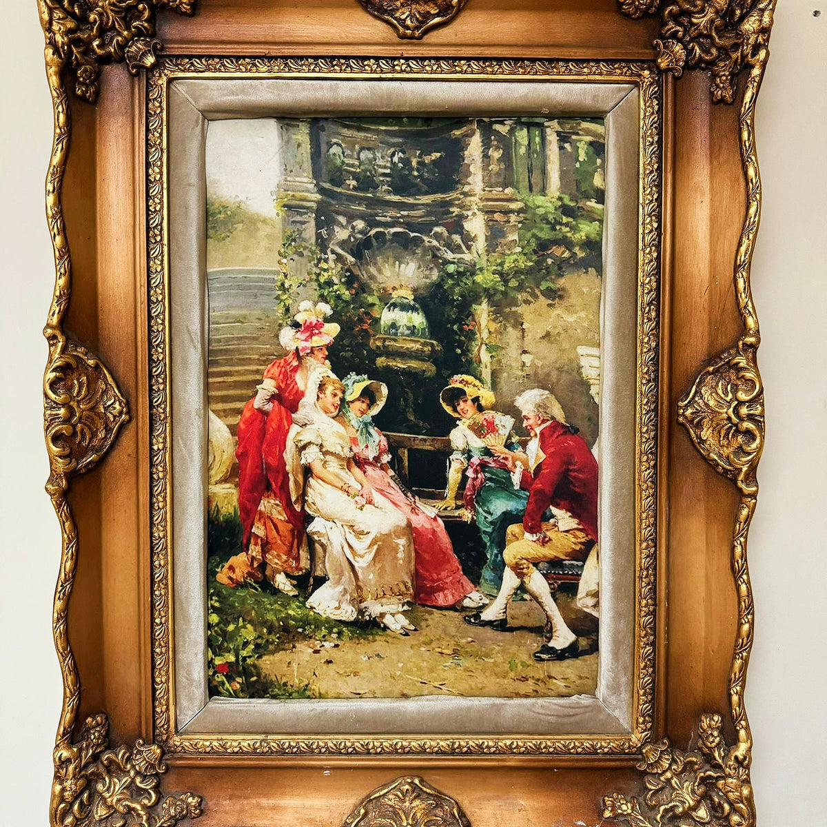French Rococo-Style Courtyard Scene Wall Art – Ornate Sculpted Wood Frame with Gold Leaf Details