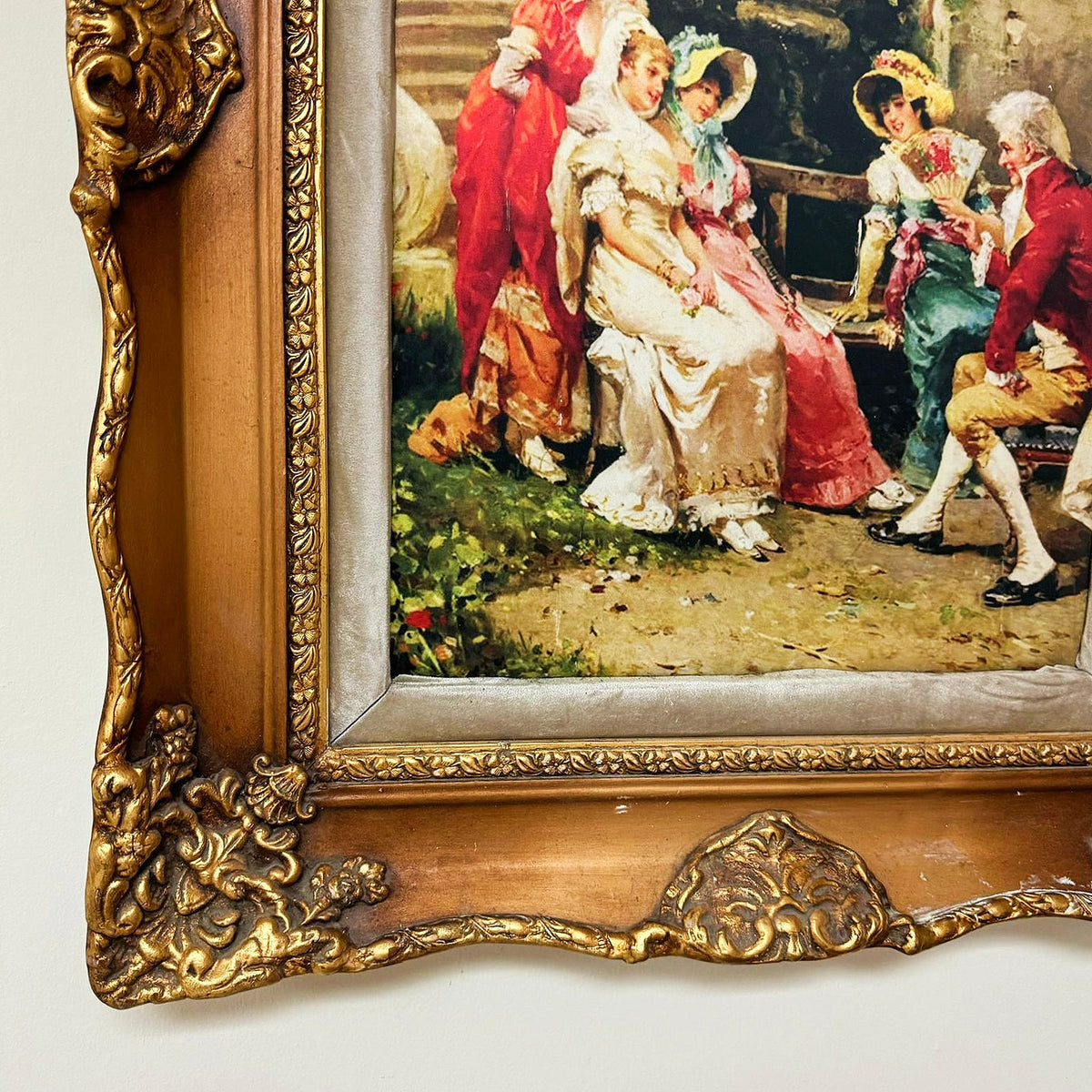 French Rococo-Style Courtyard Scene Wall Art – Ornate Sculpted Wood Frame with Gold Leaf Details