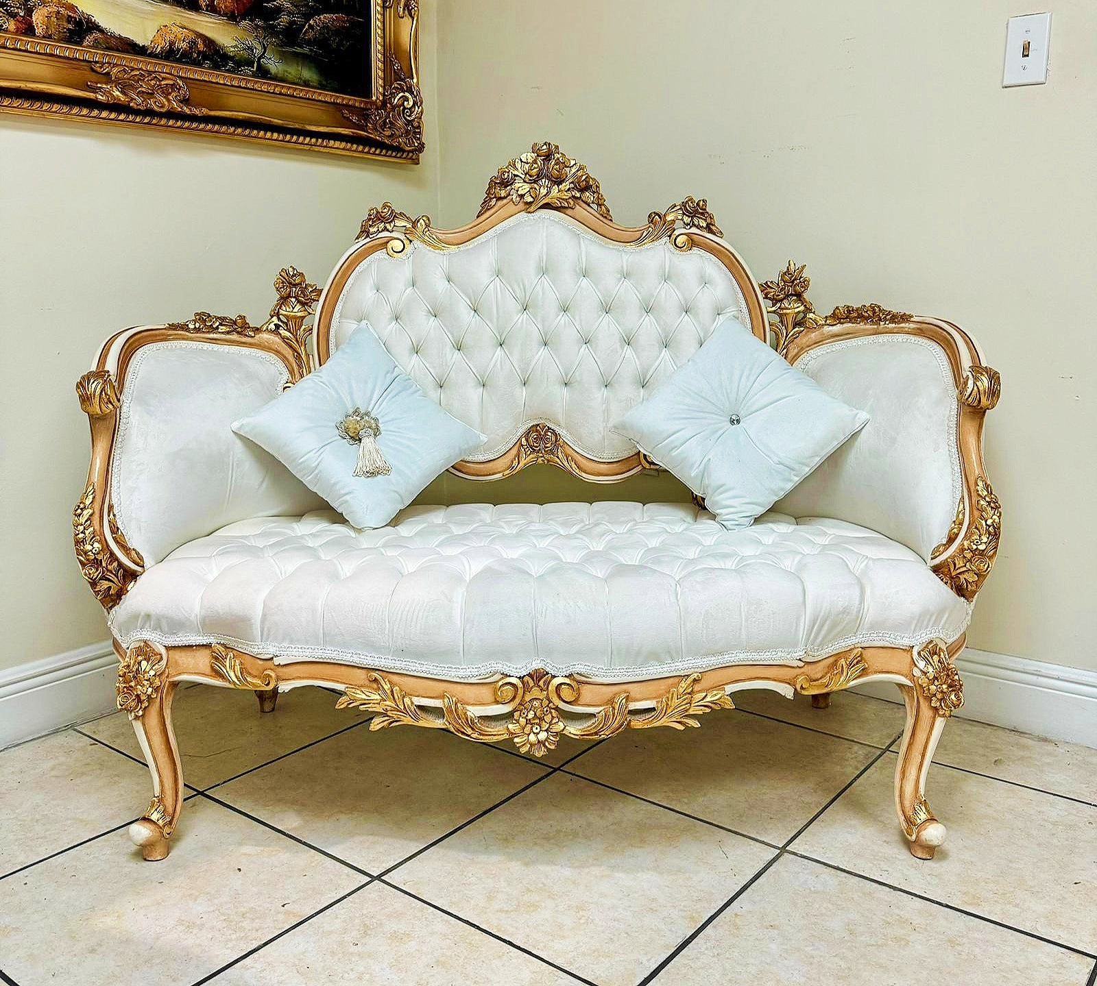 French Style White Sofa Wedding Sofa Tufted Gold Leaf Details