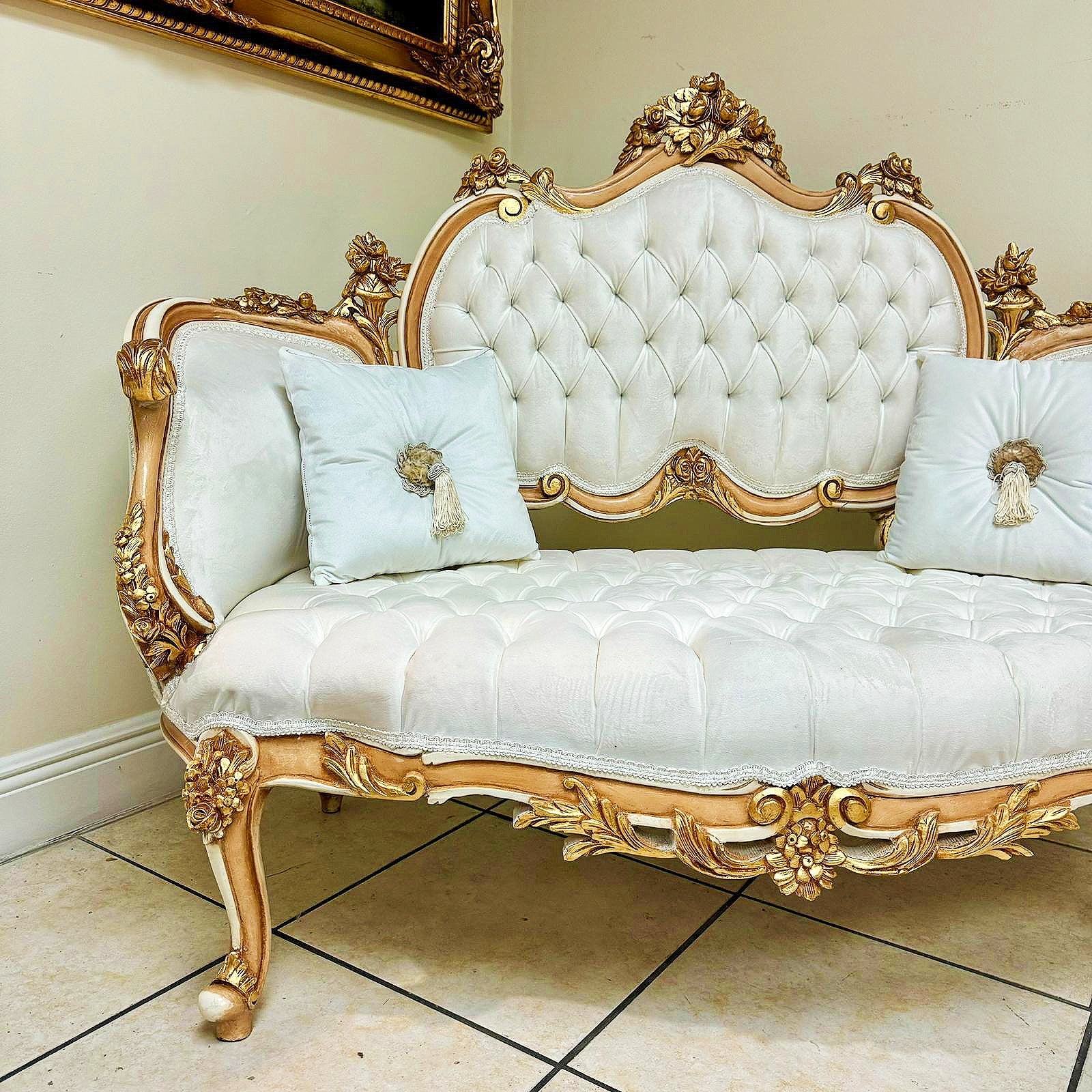 French Style White Sofa Wedding Sofa Tufted Gold Leaf Details