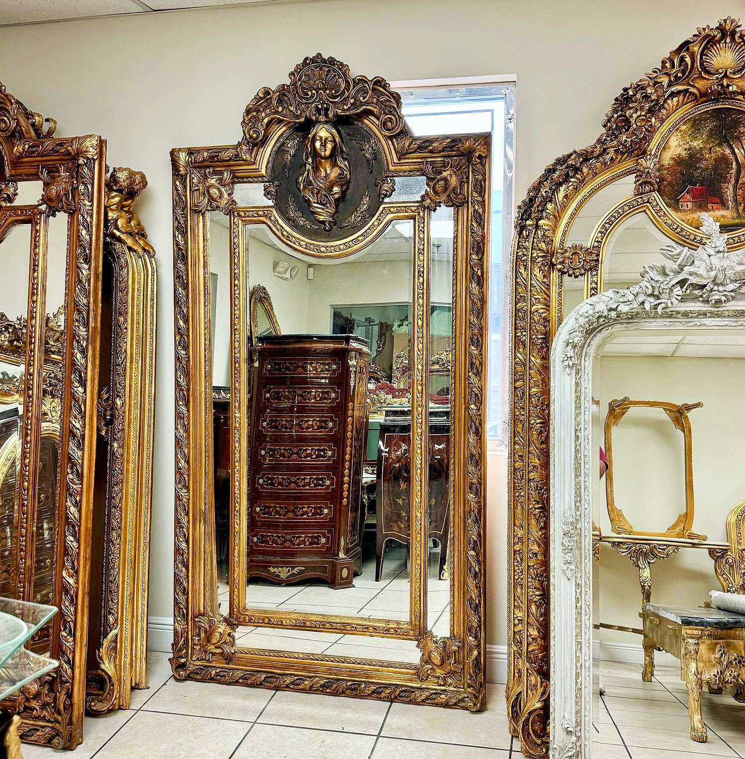 French Woman Face Mirror Baroque Style Rococo Floor Gold Leaf 7.2 Feet Tall