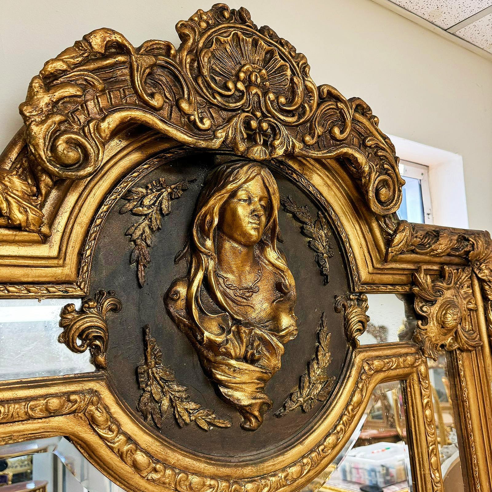 French Woman Face Mirror Baroque Style Rococo Floor Gold Leaf 7.2 Feet Tall