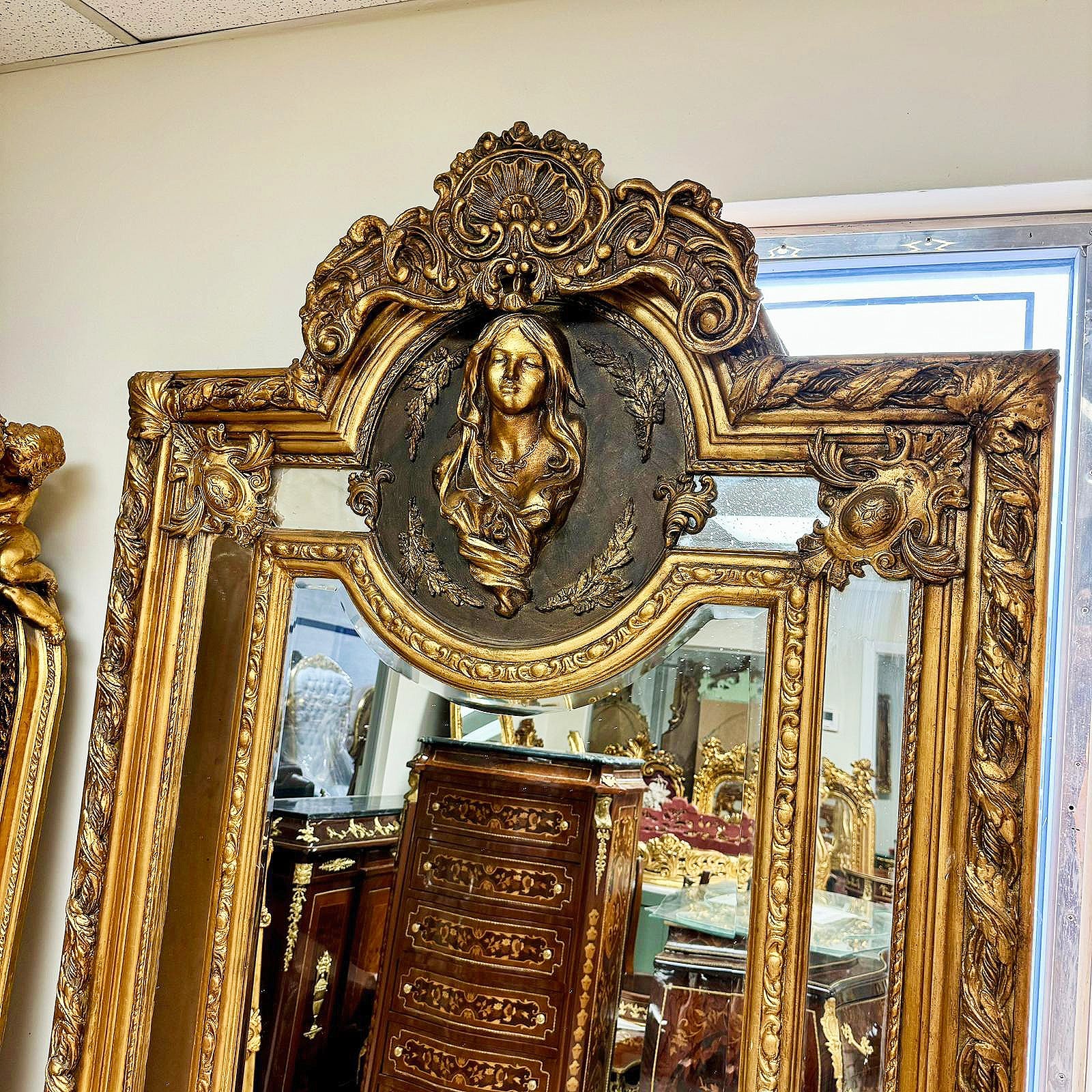 French Woman Face Mirror Baroque Style Rococo Floor Gold Leaf 7.2 Feet Tall