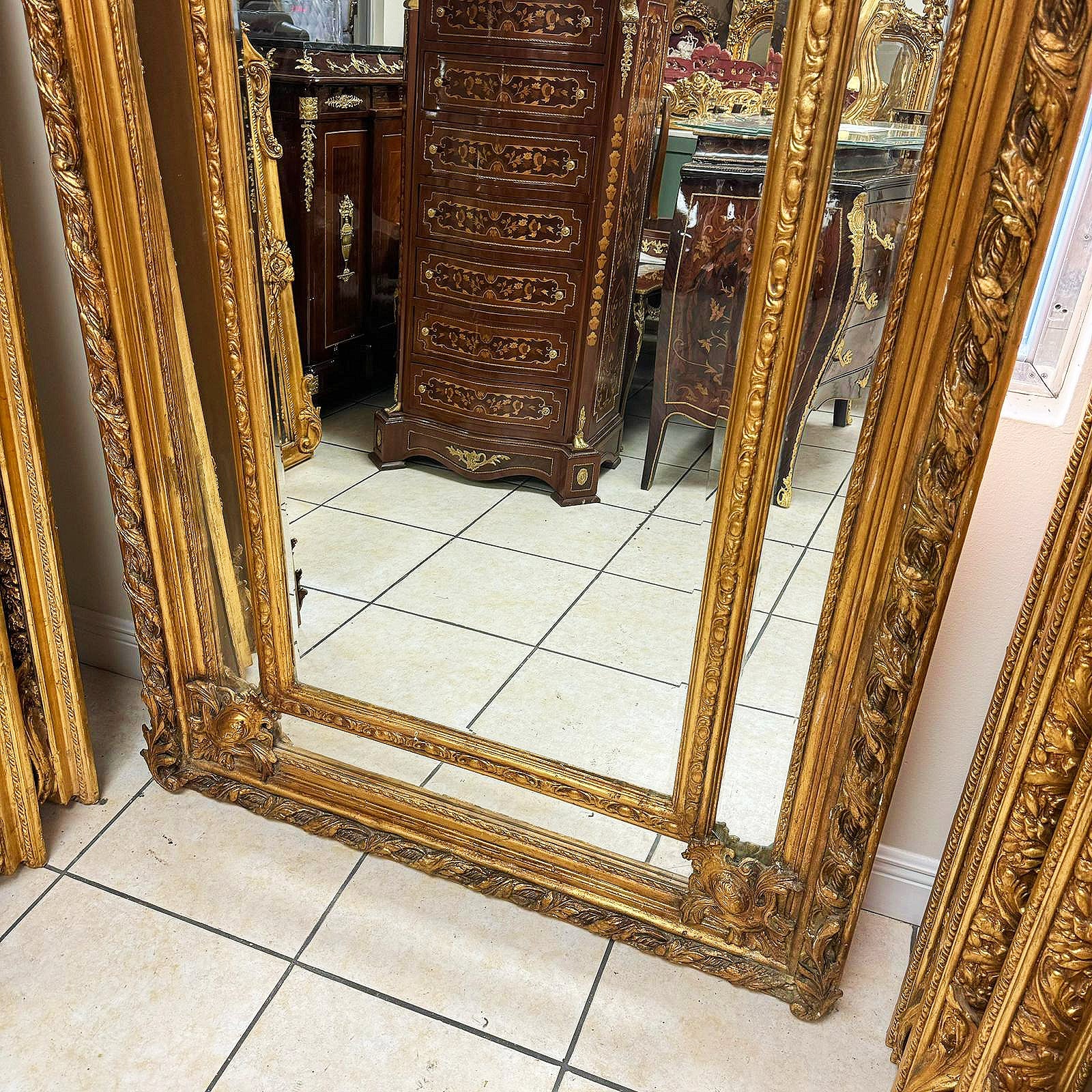 French Woman Face Mirror Baroque Style Rococo Floor Gold Leaf 7.2 Feet Tall