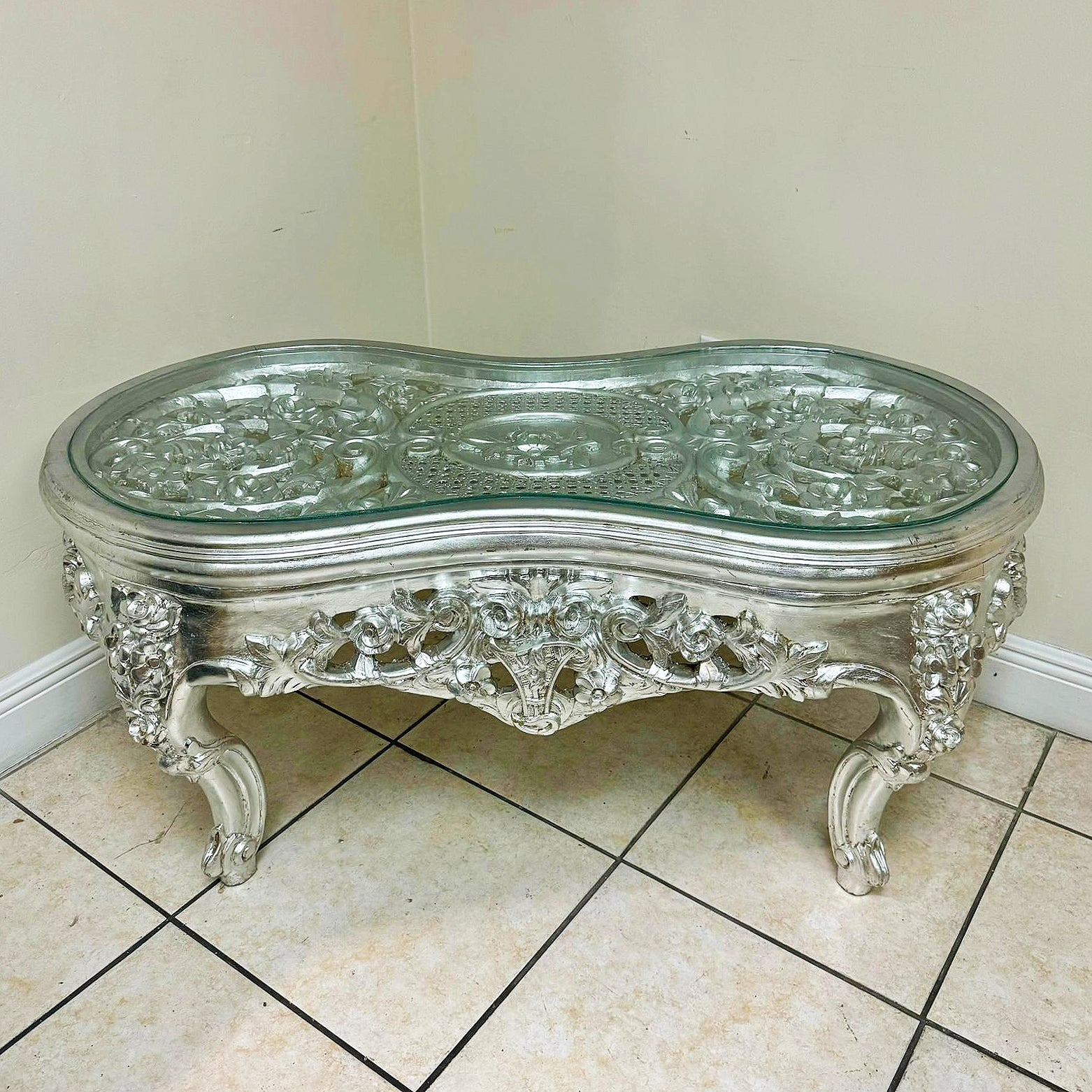 French Style Silver Coffee Table Glass Topped Silver Leaf Details
