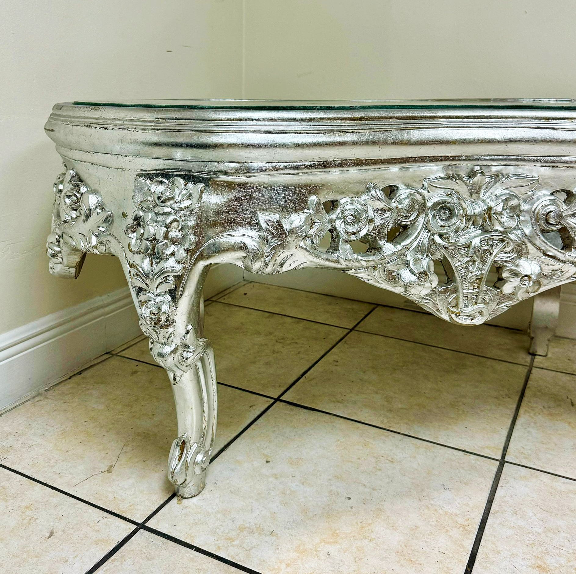 French Style Silver Coffee Table Glass Topped Silver Leaf Details