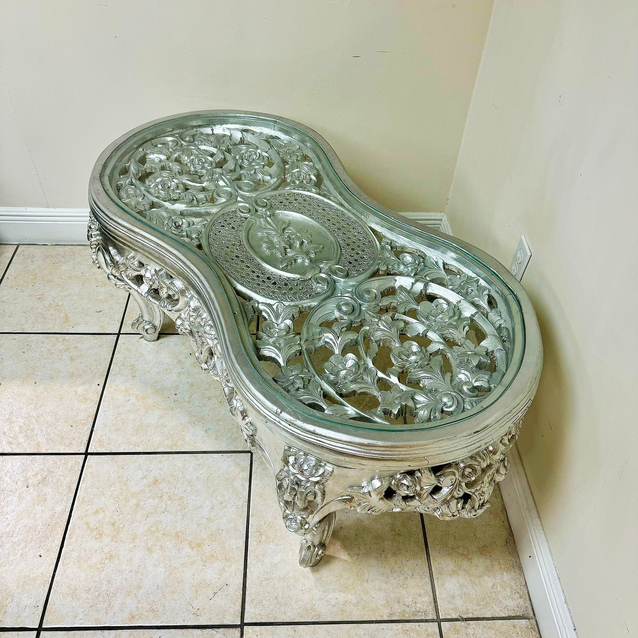 French Style Silver Coffee Table Glass Topped Silver Leaf Details