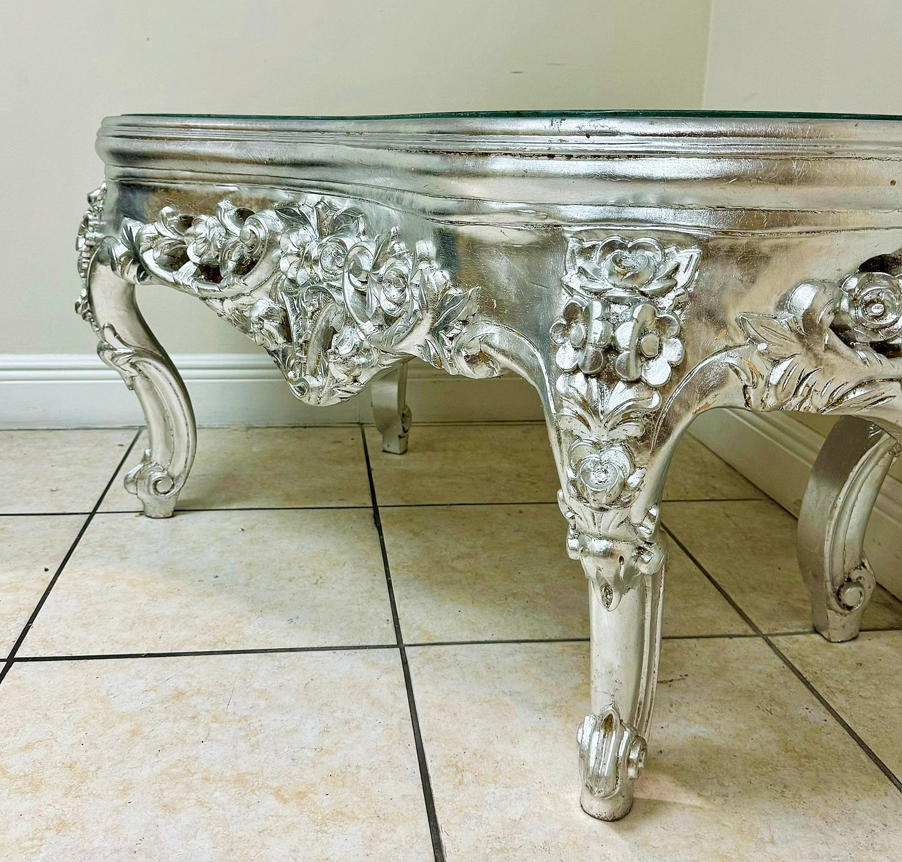 French Style Silver Coffee Table Glass Topped Silver Leaf Details