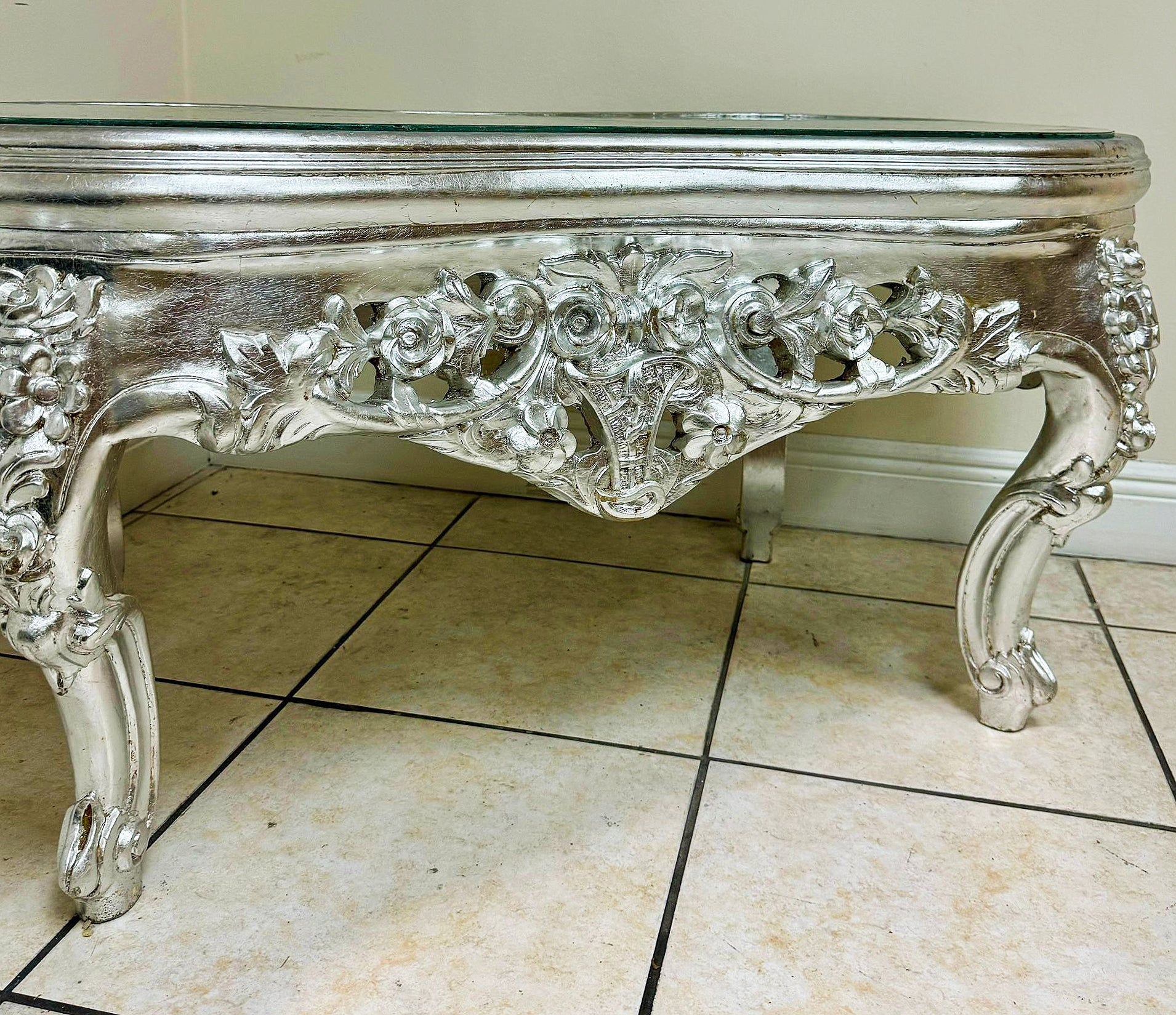French Style Silver Coffee Table Glass Topped Silver Leaf Details