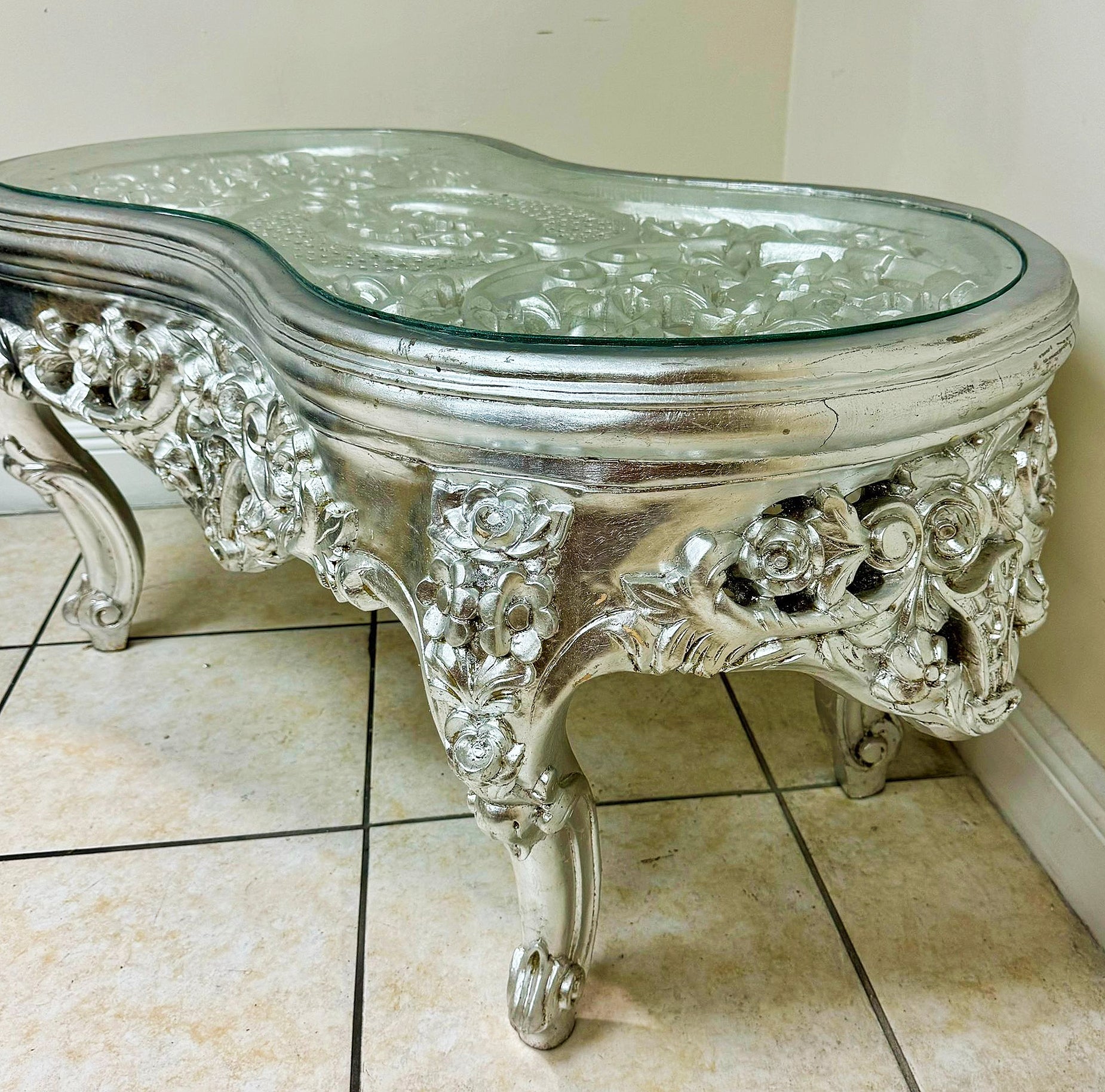 French Style Silver Coffee Table Glass Topped Silver Leaf Details