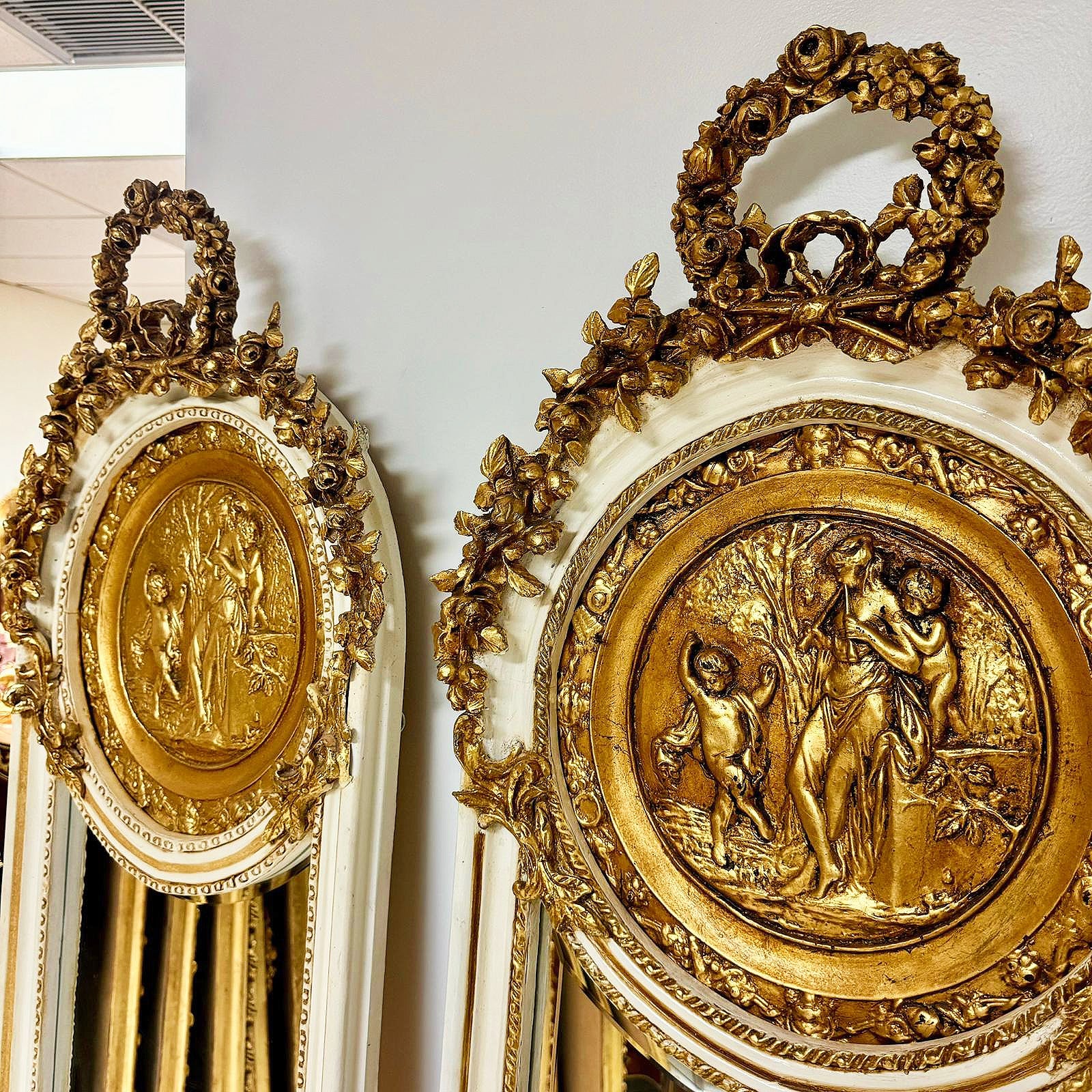 Baroque Style Gold Leaf Floor Mirror Set- Ornate Carved Off-White/Beige Frame
