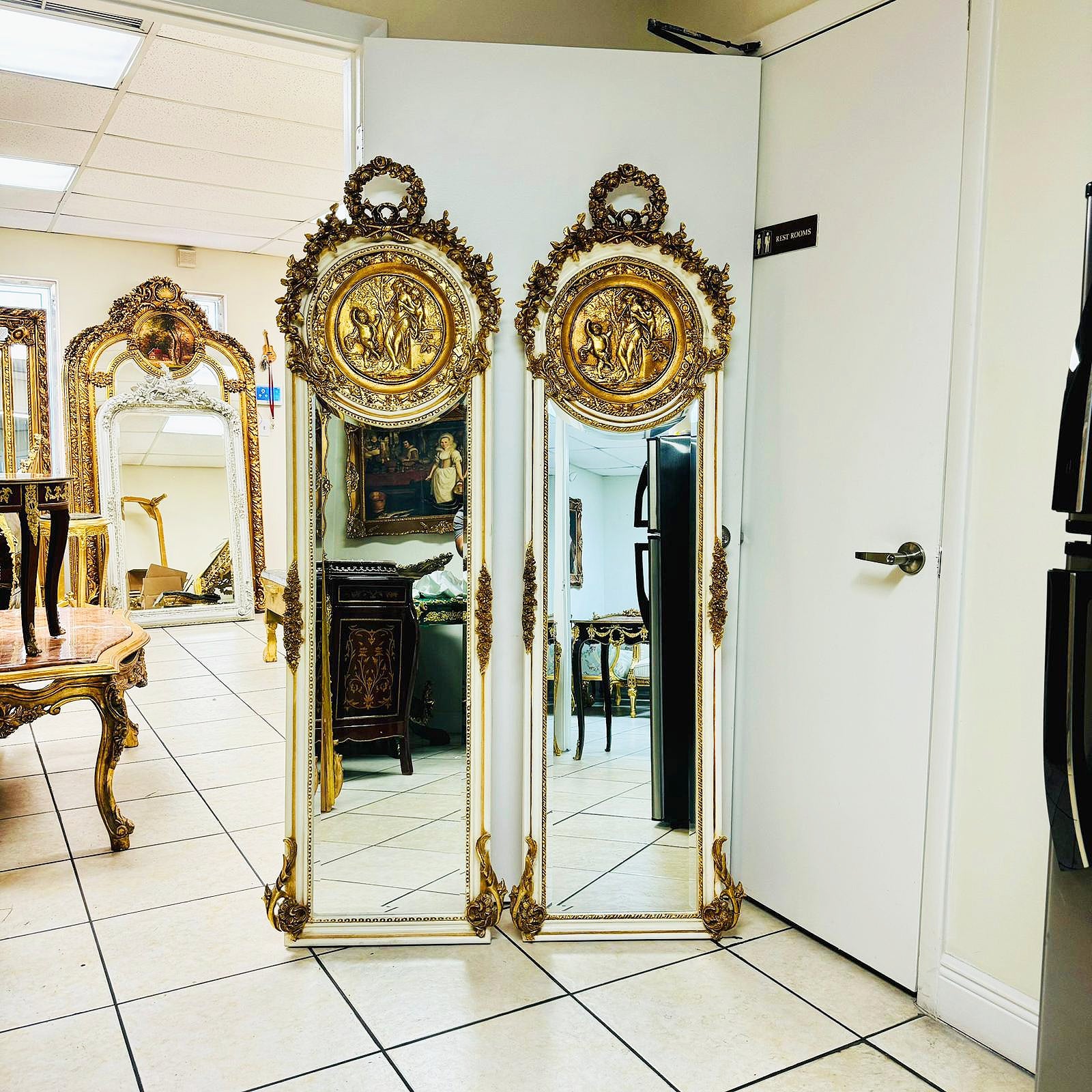 Baroque Style Gold Leaf Floor Mirror Set- Ornate Carved Off-White/Beige Frame