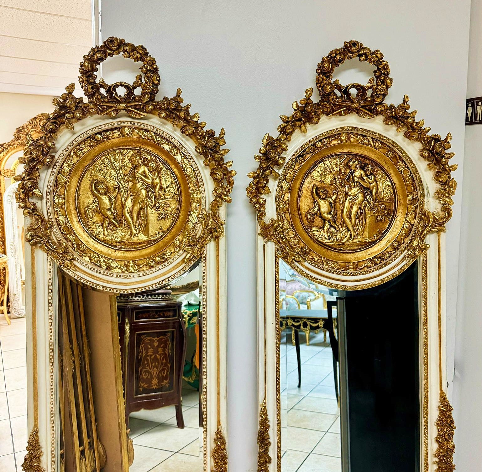 Baroque Style Gold Leaf Floor Mirror Set- Ornate Carved Off-White/Beige Frame