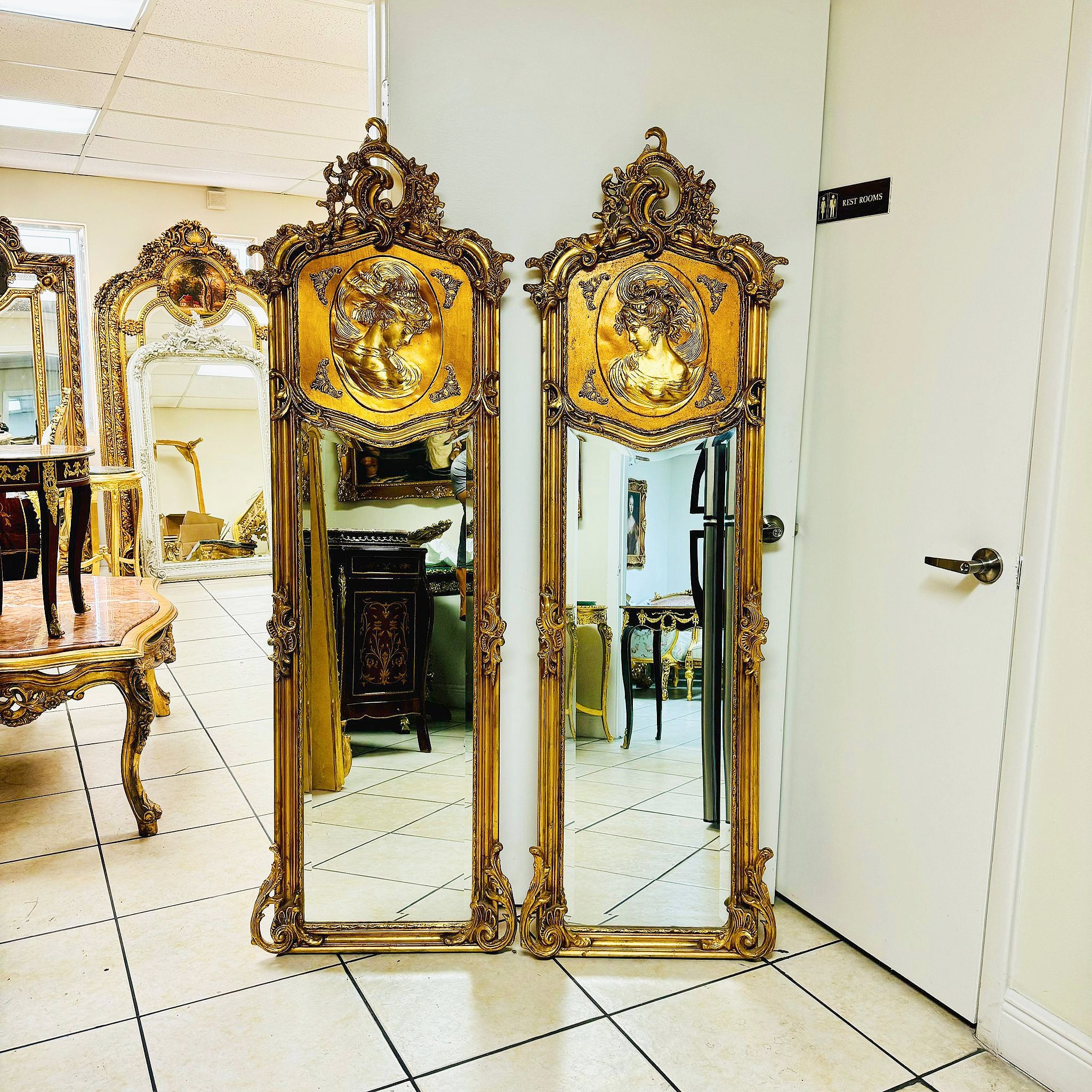 French Baroque Style Victorian Style Gold Woman Floor Mirror Bronze Details