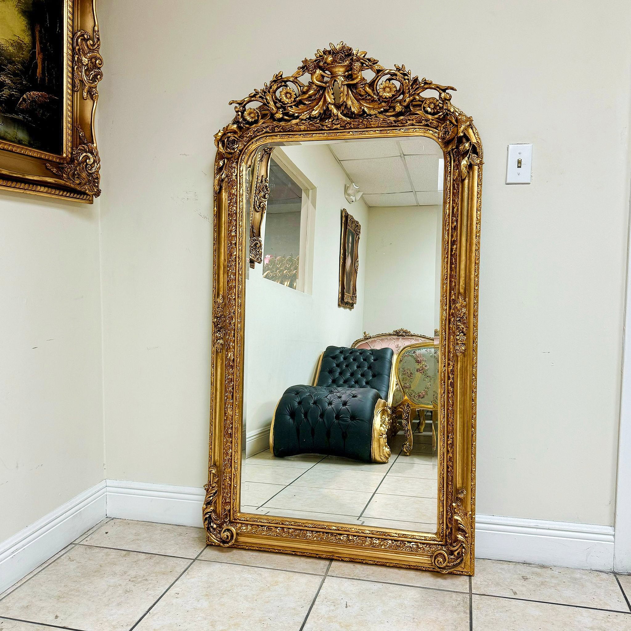 French Style Gold Floral Floor Mirror 5 Feet Tall Gold Leaf