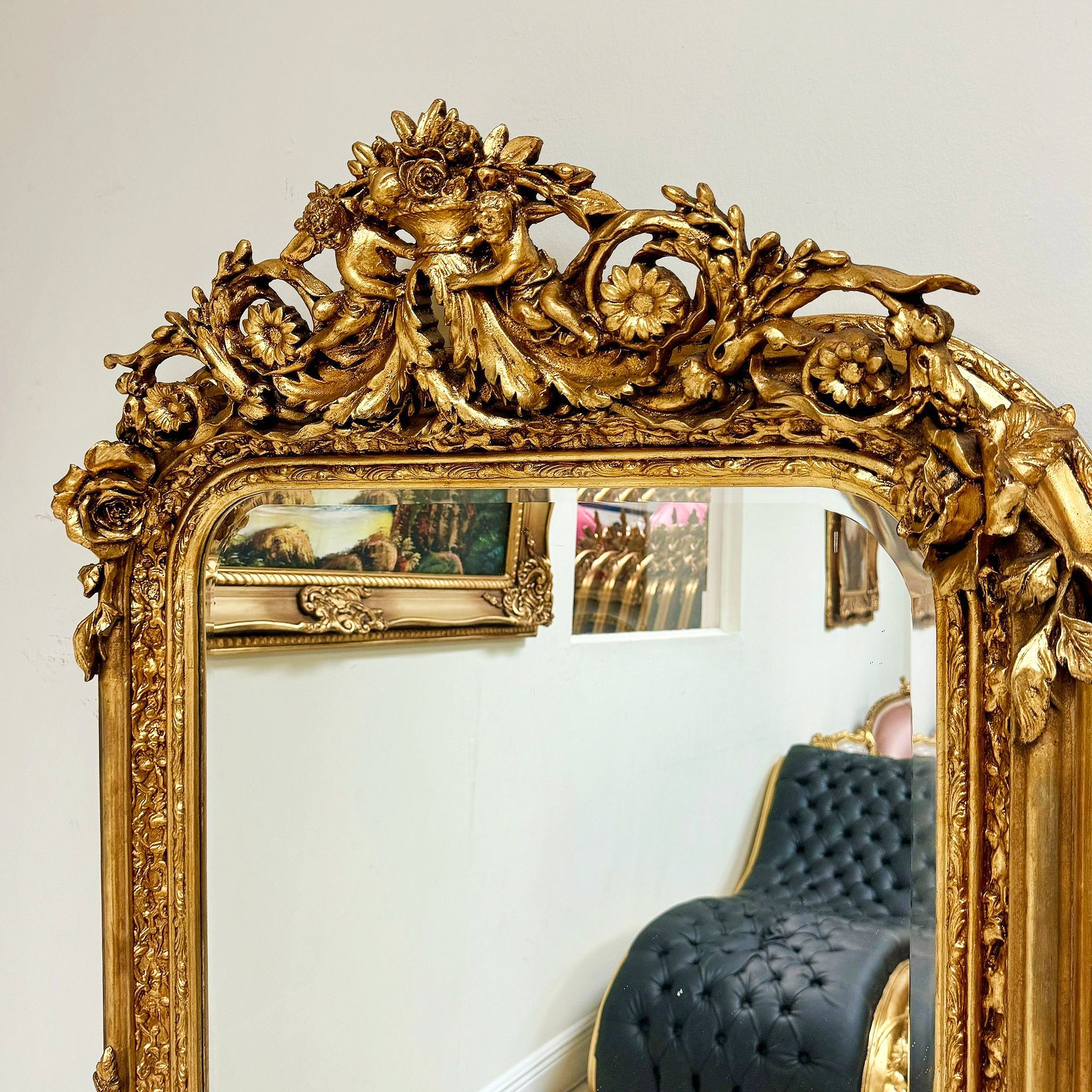 French Style Gold Floral Floor Mirror 5 Feet Tall Gold Leaf