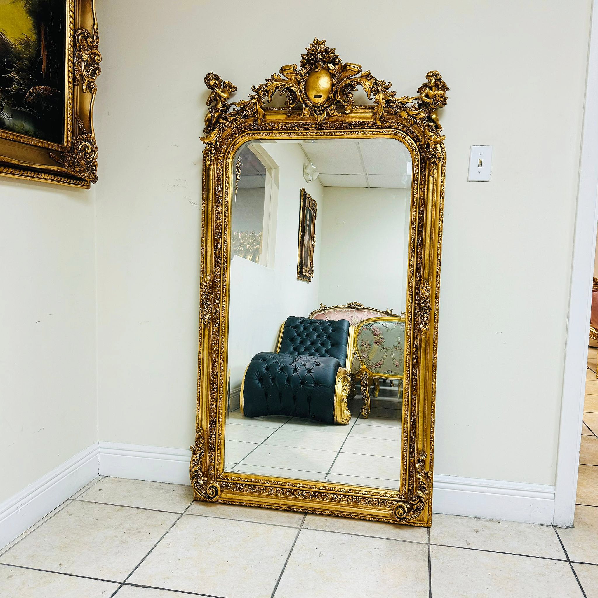 5ft French Style Gold Floor Mirror – Ornate Gold Leaf Frame, Elegant Design