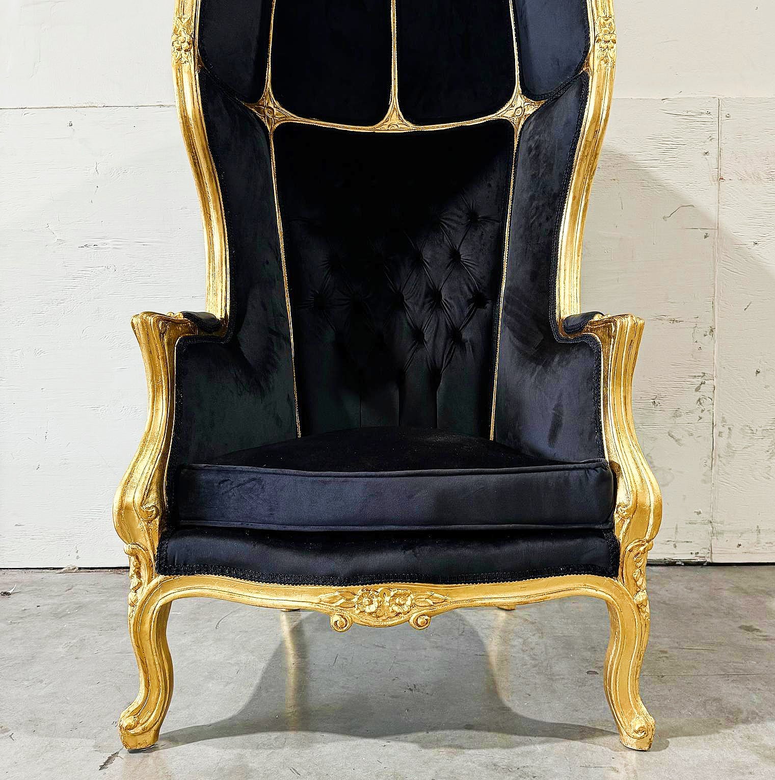 Balloon Chair French Style Black Velvet High-Back Canopy Lacquer Chair Gold