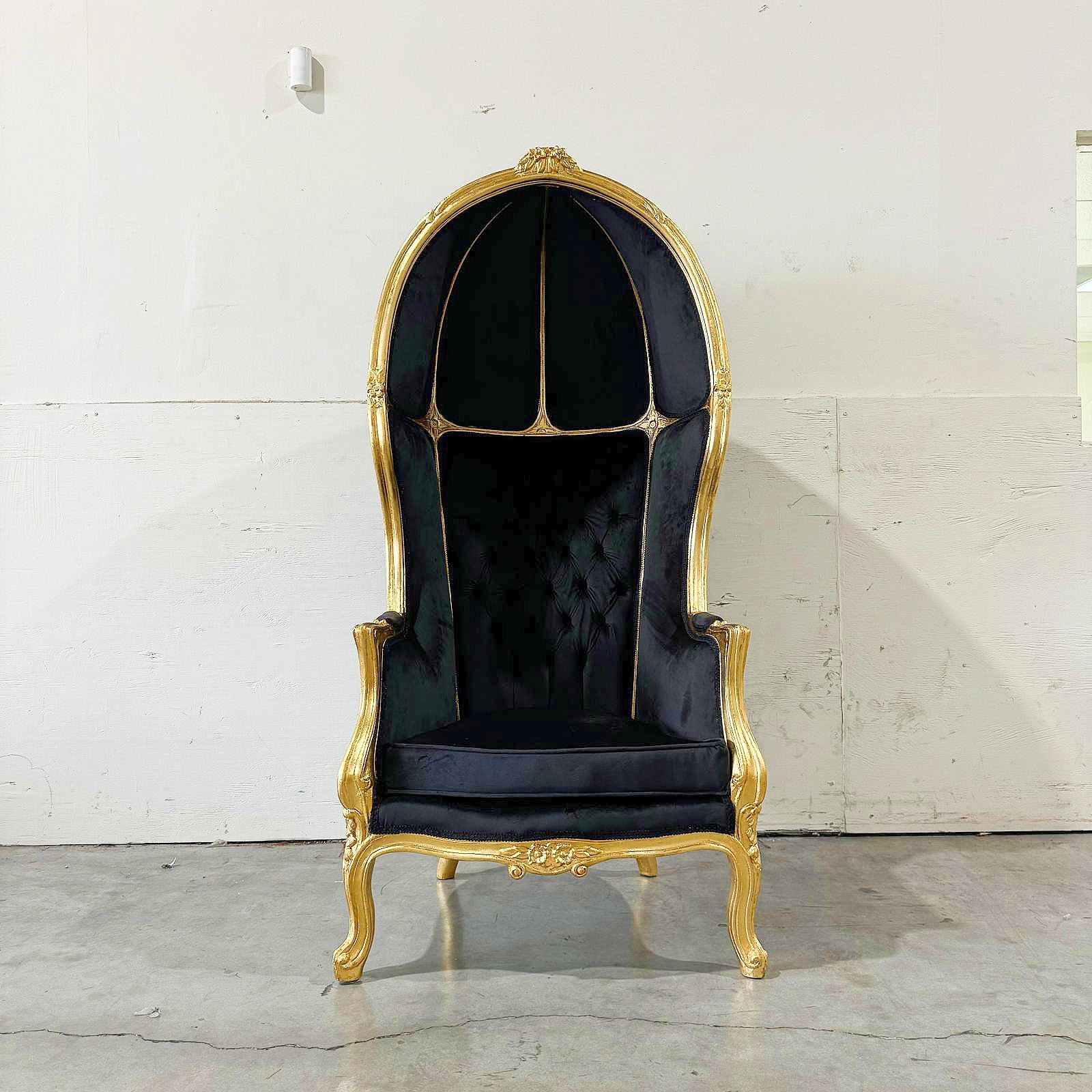 Balloon Chair French Style Black Velvet High-Back Canopy Lacquer Chair Gold