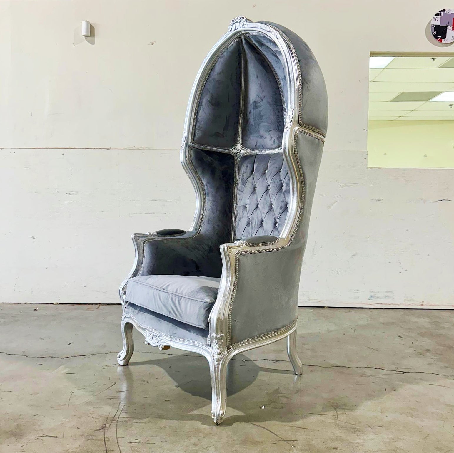 Balloon Chair French Style Gray Velvet High-Back Canopy Lacquer Chair