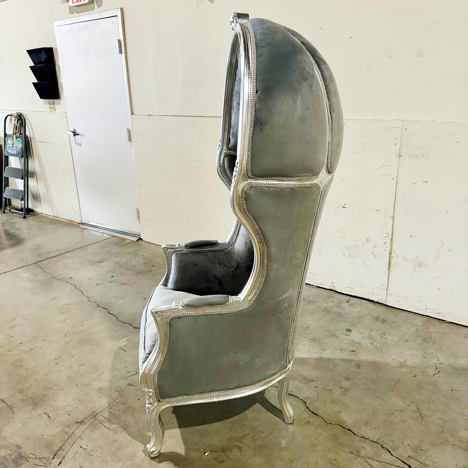 Balloon Chair French Style Gray Velvet High-Back Canopy Lacquer Chair